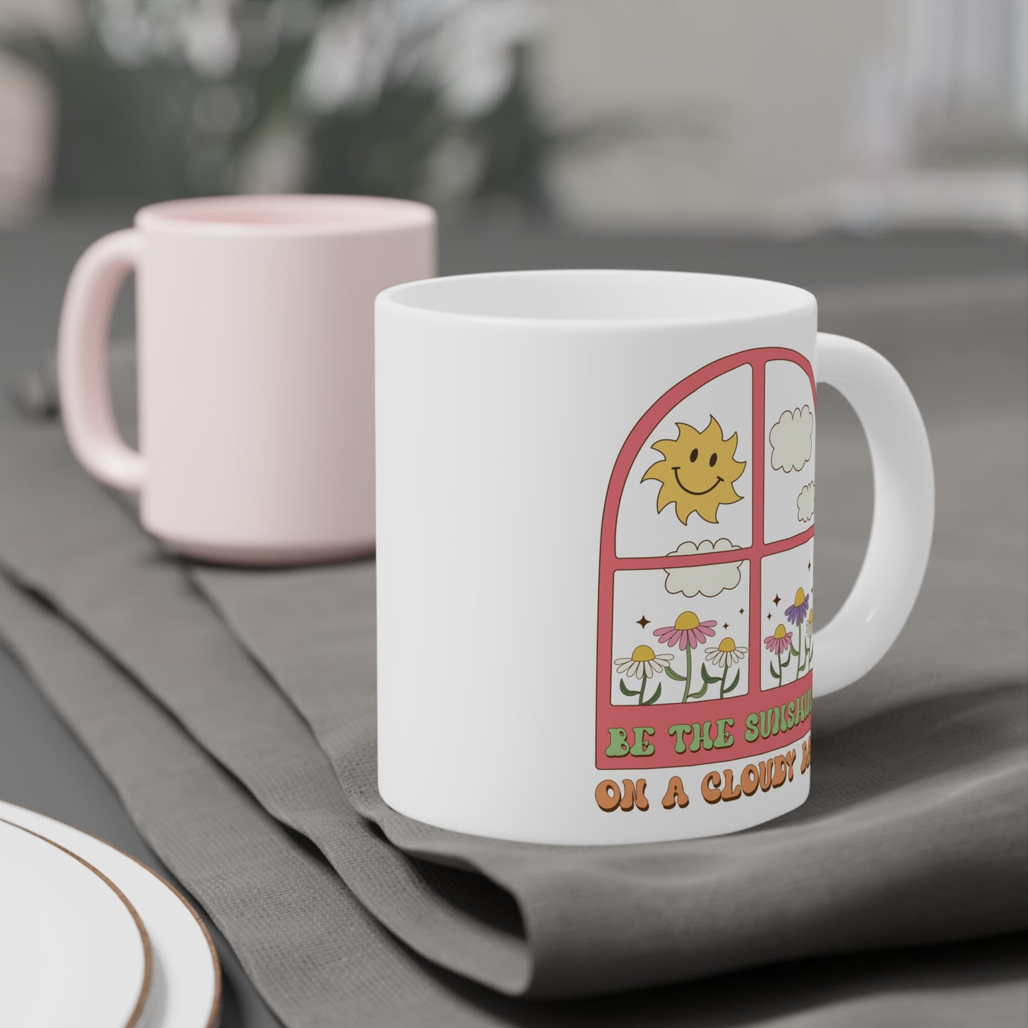 Be The Sunshine Coffee Mug 20oz - Cloudy Day Inspiration, Sun & Flower Window Design, Motivational Drinkware - Uplifting Gift Idea