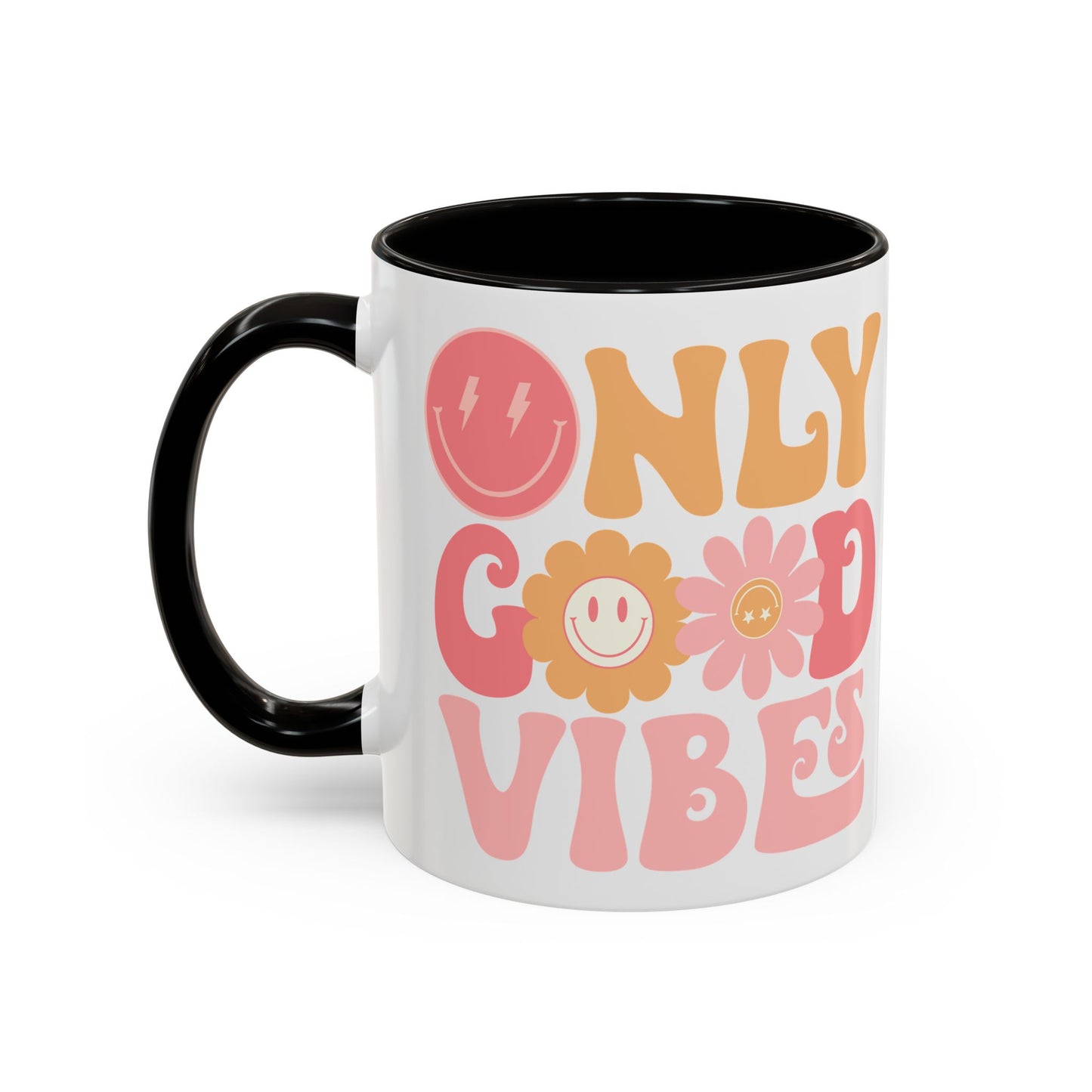 Only Good Vibes Accent Mug – Retro Bubble Letters & Flowers | 11oz 15oz Colored Handle