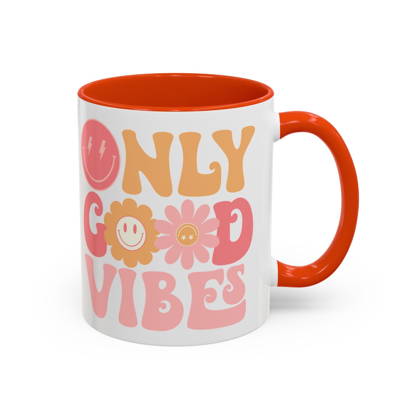 Only Good Vibes Accent Mug – Retro Bubble Letters & Flowers | 11oz 15oz Colored Handle