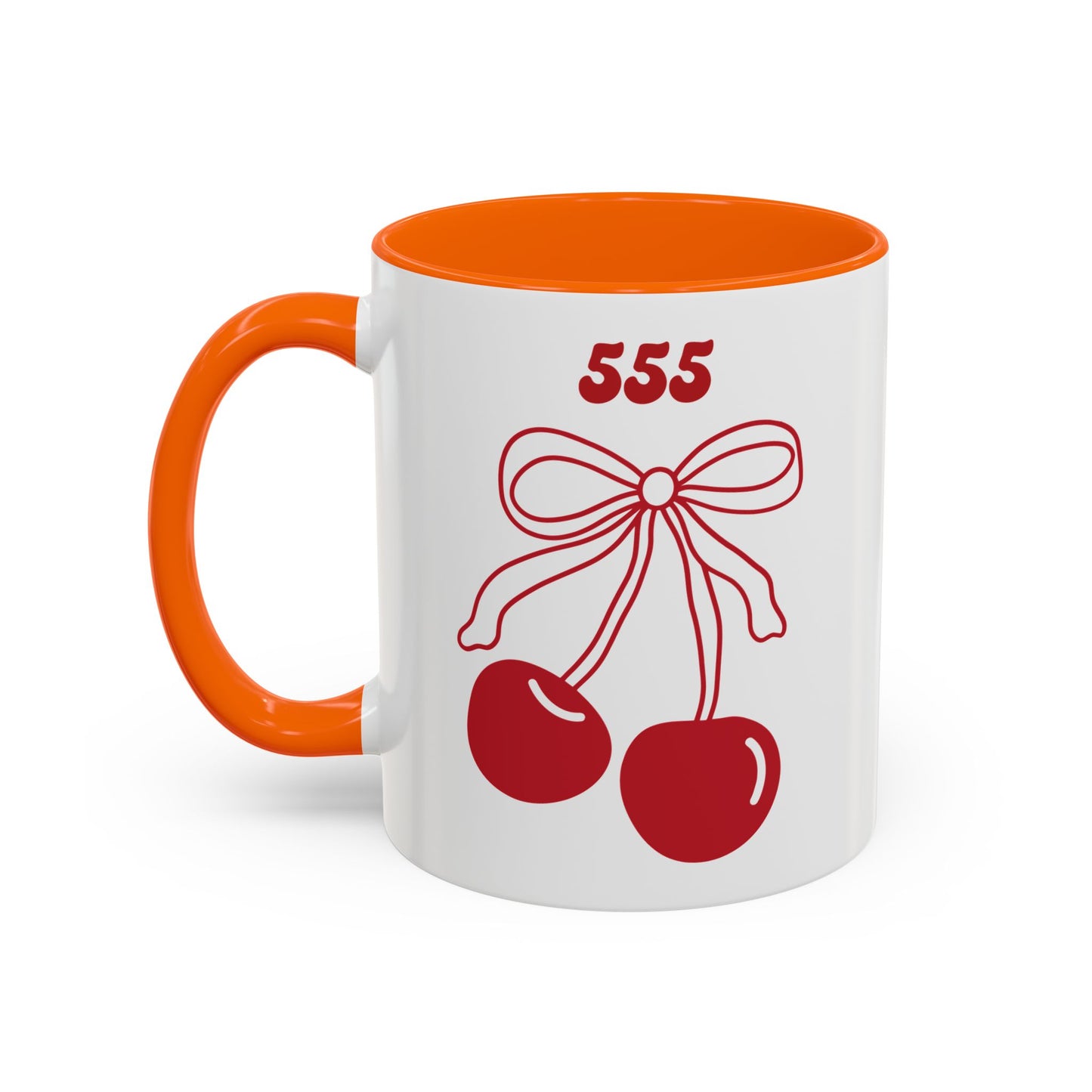 555 Angel Number Cherries Accent Mug – Coquette Bow Kawaii | 11oz 15oz — Pink, Red, Navy, Light Blue, Orange, Purple, Yellow