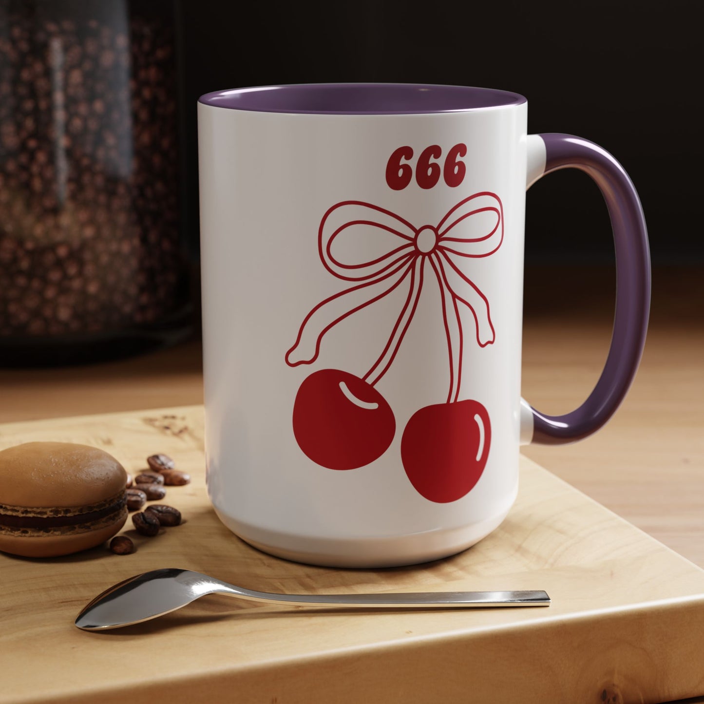 666 Angel Number Cherries Accent Mug – Coquette Bow Kawaii | 11oz 15oz — Pink, Red, Light Blue, Orange, Purple, Yellow