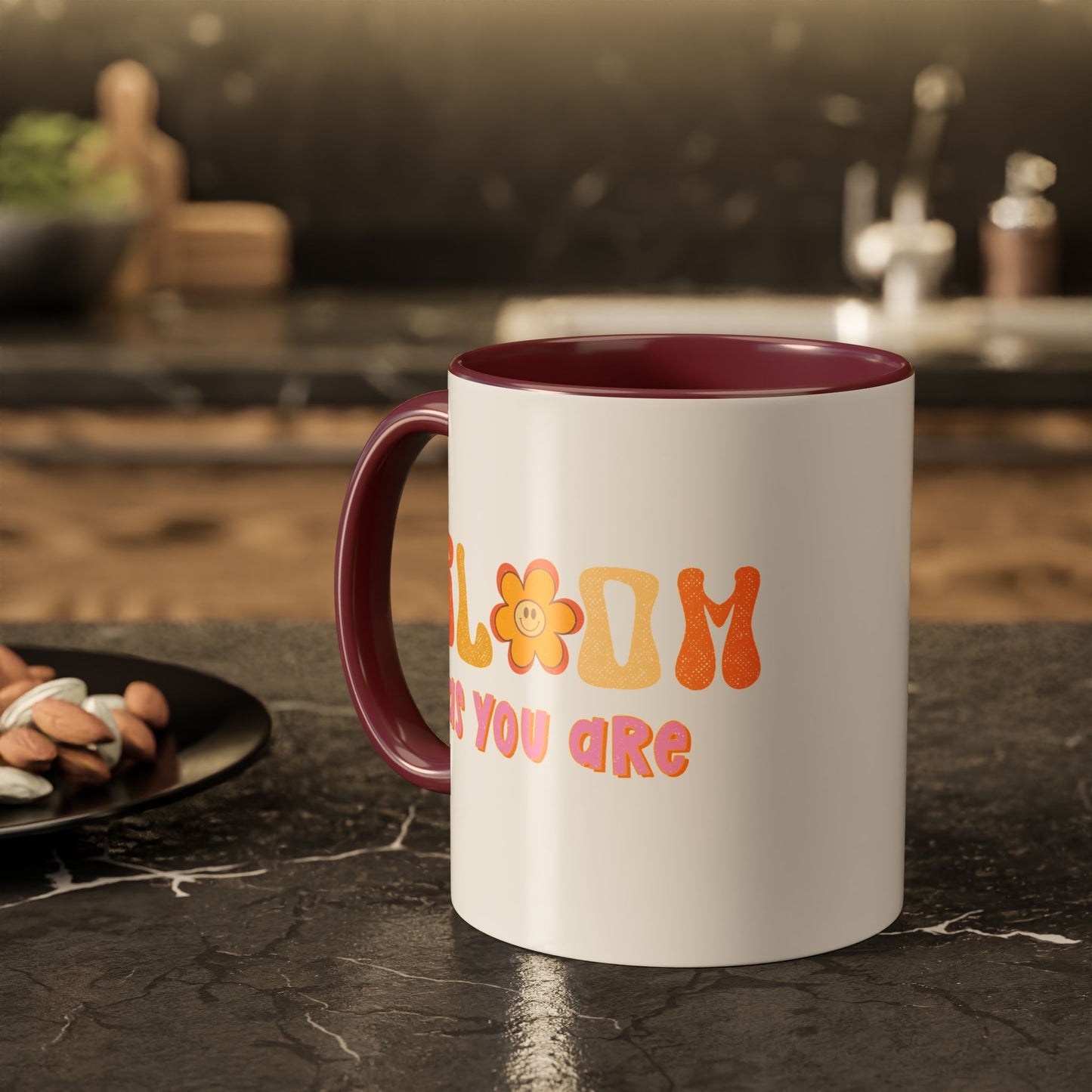 Bloom As You Are Accent Mug – Smiley Flower | 11oz 15oz Colored Handle