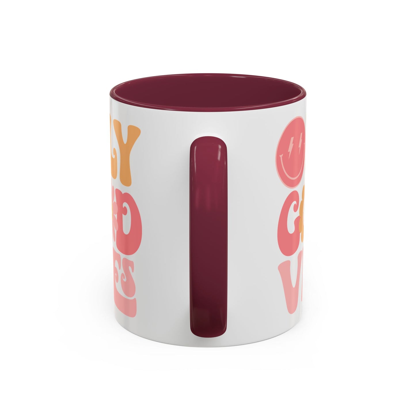 Only Good Vibes Accent Mug – Retro Bubble Letters & Flowers | 11oz 15oz Colored Handle