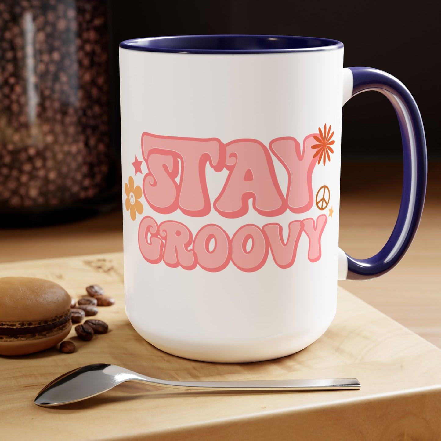 Stay Groovy Coffee Mug 15oz - 70s Inspired, Pastel Pink, Swirly Font - Boost Your Mood with this Free-Spirit, Funkadelic Beverage