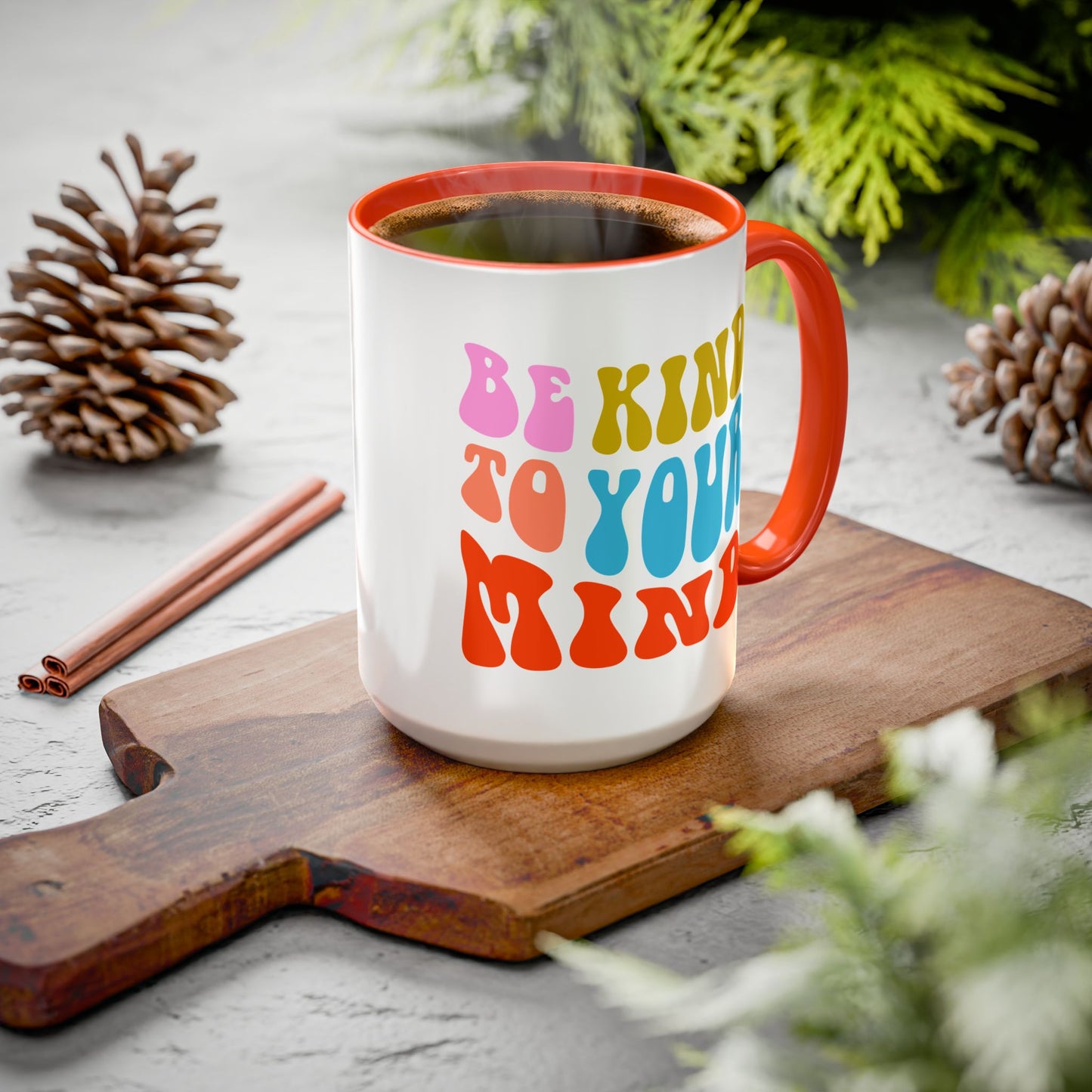 Be Kind To Your Mind Accent Mug – Retro Rainbow Letters | 11oz 15oz Multiple colors