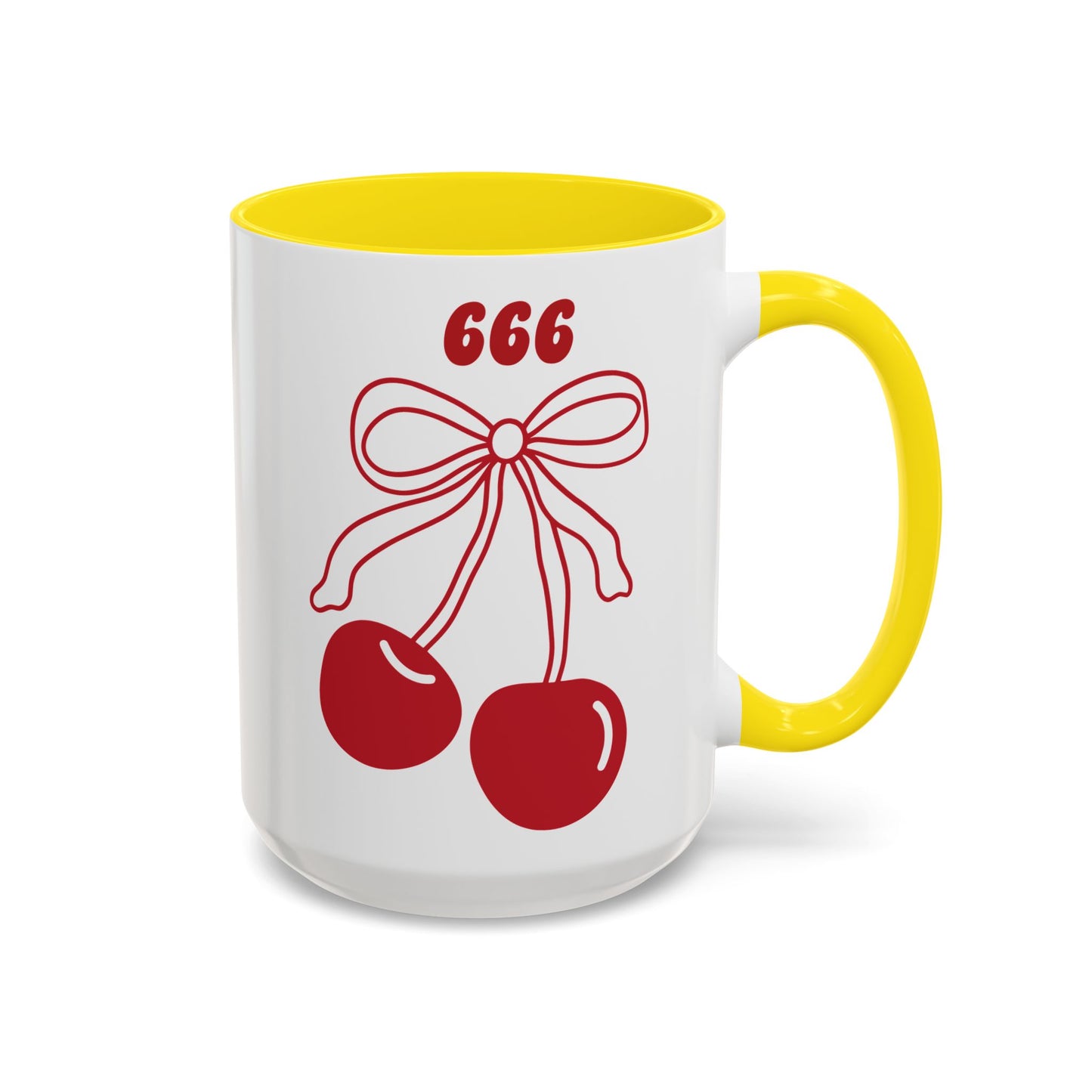 666 Angel Number Cherries Accent Mug – Coquette Bow Kawaii | 11oz 15oz — Pink, Red, Light Blue, Orange, Purple, Yellow