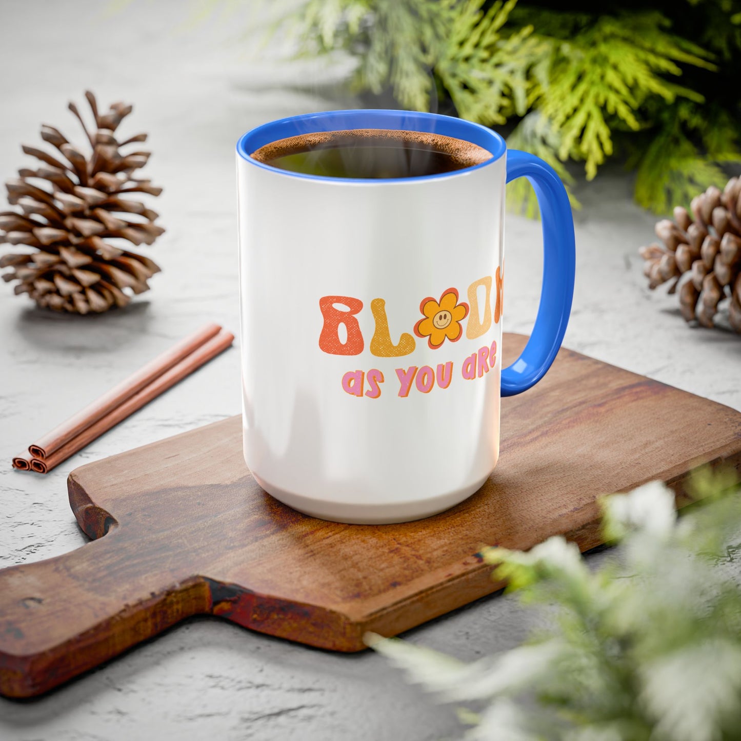 Bloom As You Are Accent Mug – Smiley Flower | 11oz 15oz Colored Handle