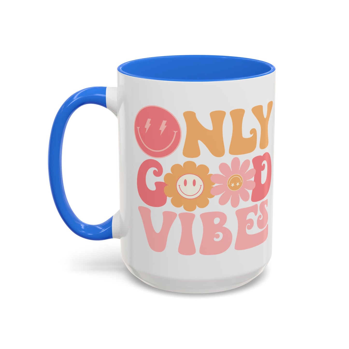 Only Good Vibes Accent Mug – Retro Bubble Letters & Flowers | 11oz 15oz Colored Handle