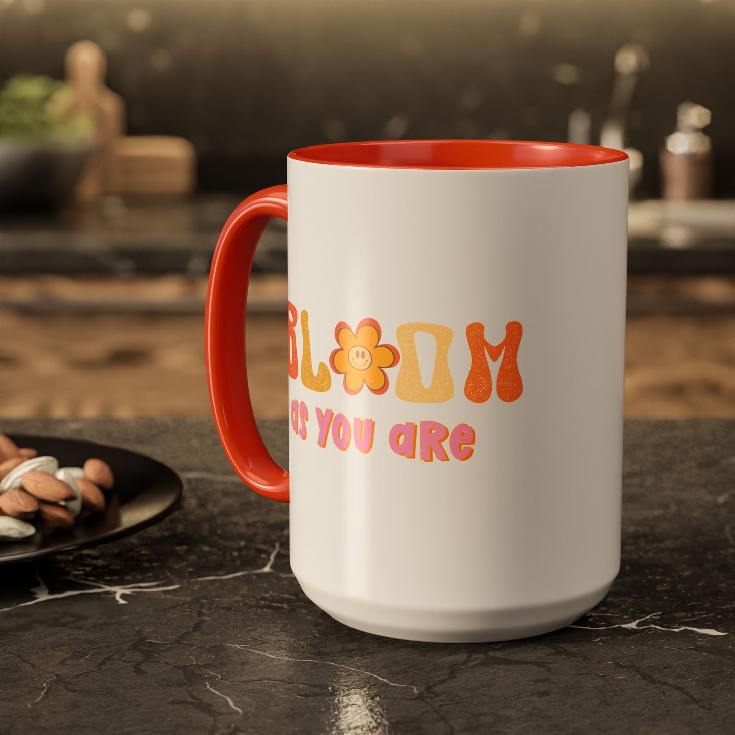 Bloom As You Are Accent Mug – Smiley Flower | 11oz 15oz Colored Handle