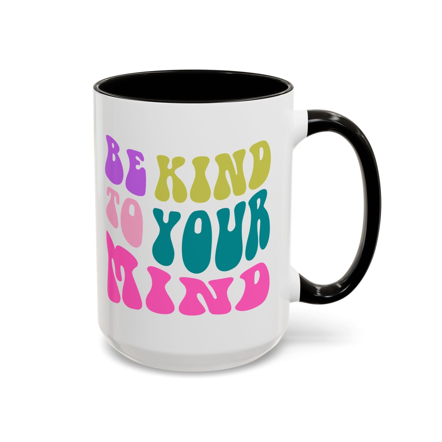 Be Kind To Your Mind Accent Mug – Retro Rainbow Letters | 11oz 15oz Colored Handle