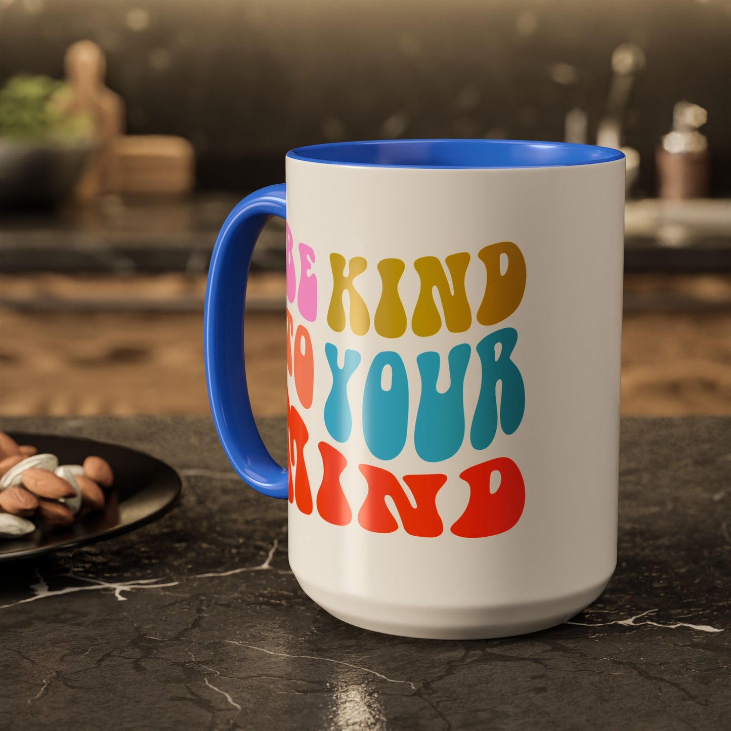 Be Kind To Your Mind Accent Mug – Retro Rainbow Letters | 11oz 15oz Multiple colors