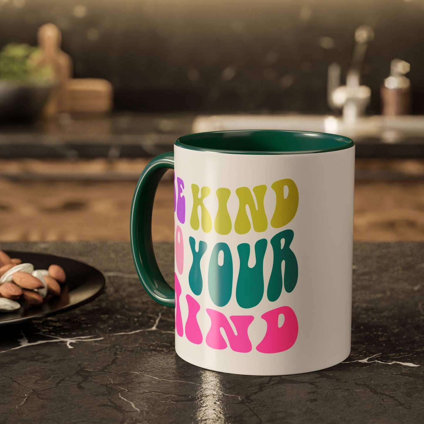 Be Kind To Your Mind Accent Mug – Retro Rainbow Letters | 11oz 15oz Colored Handle