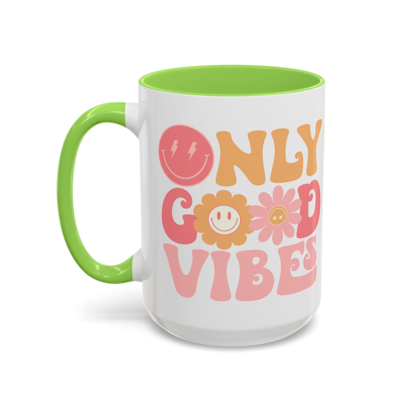 Only Good Vibes Accent Mug – Retro Bubble Letters & Flowers | 11oz 15oz Colored Handle