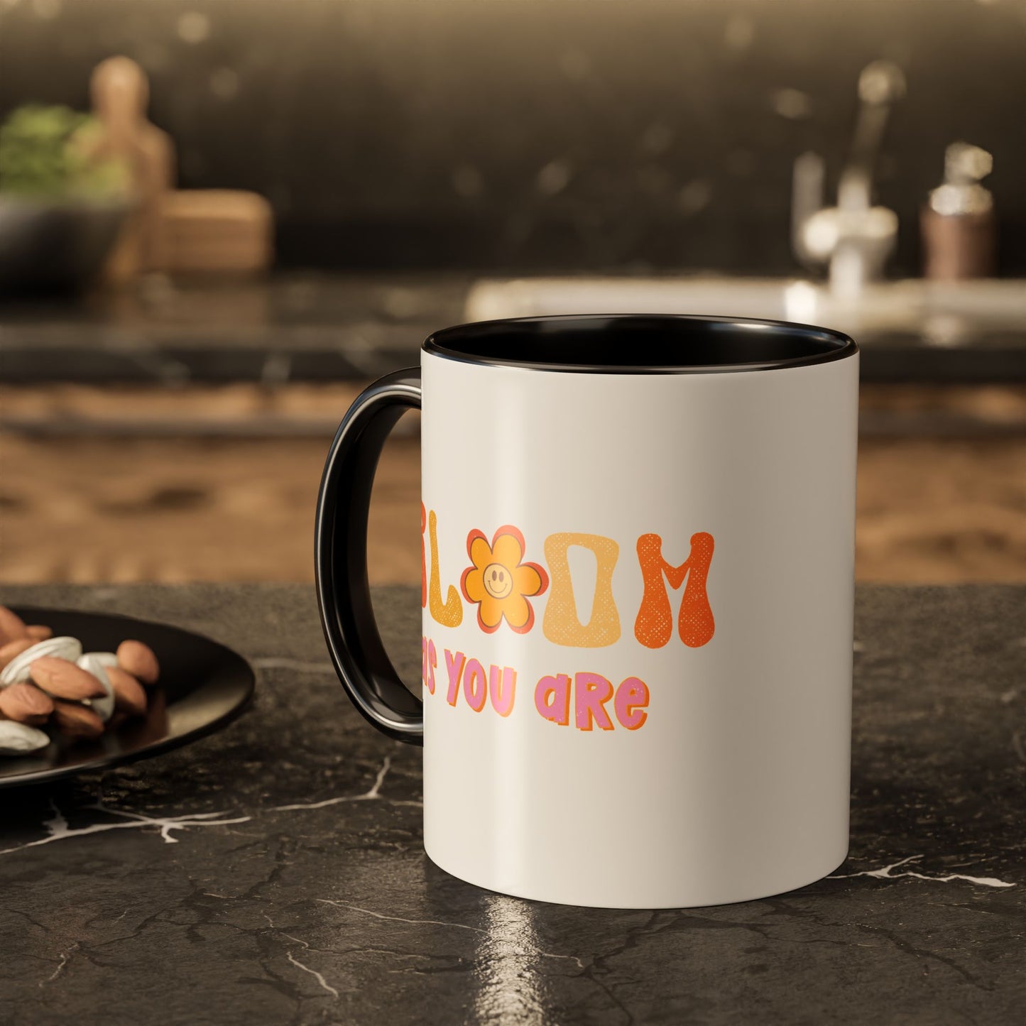 Bloom As You Are Accent Mug – Smiley Flower | 11oz 15oz Colored Handle