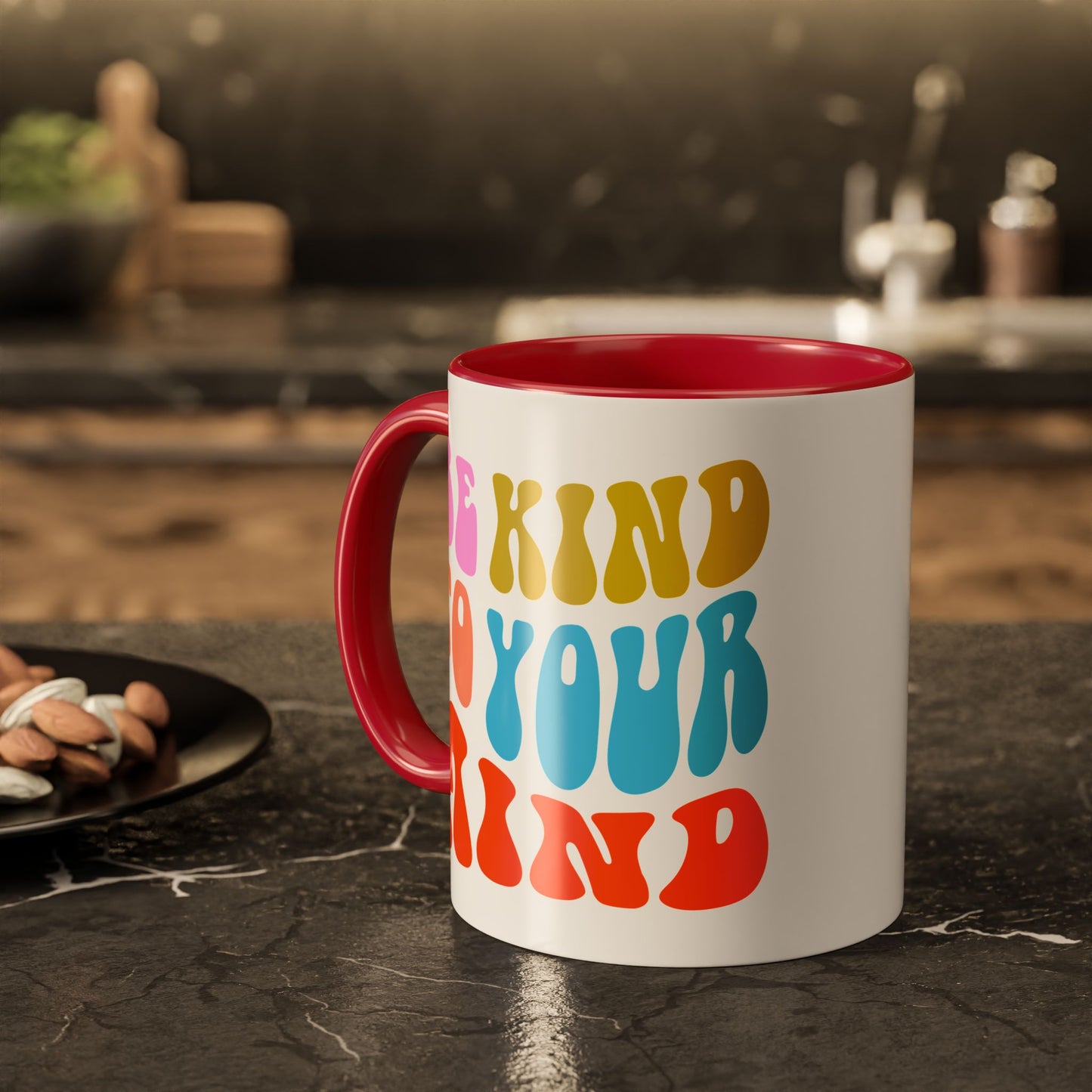Be Kind To Your Mind Accent Mug – Retro Rainbow Letters | 11oz 15oz Multiple colors