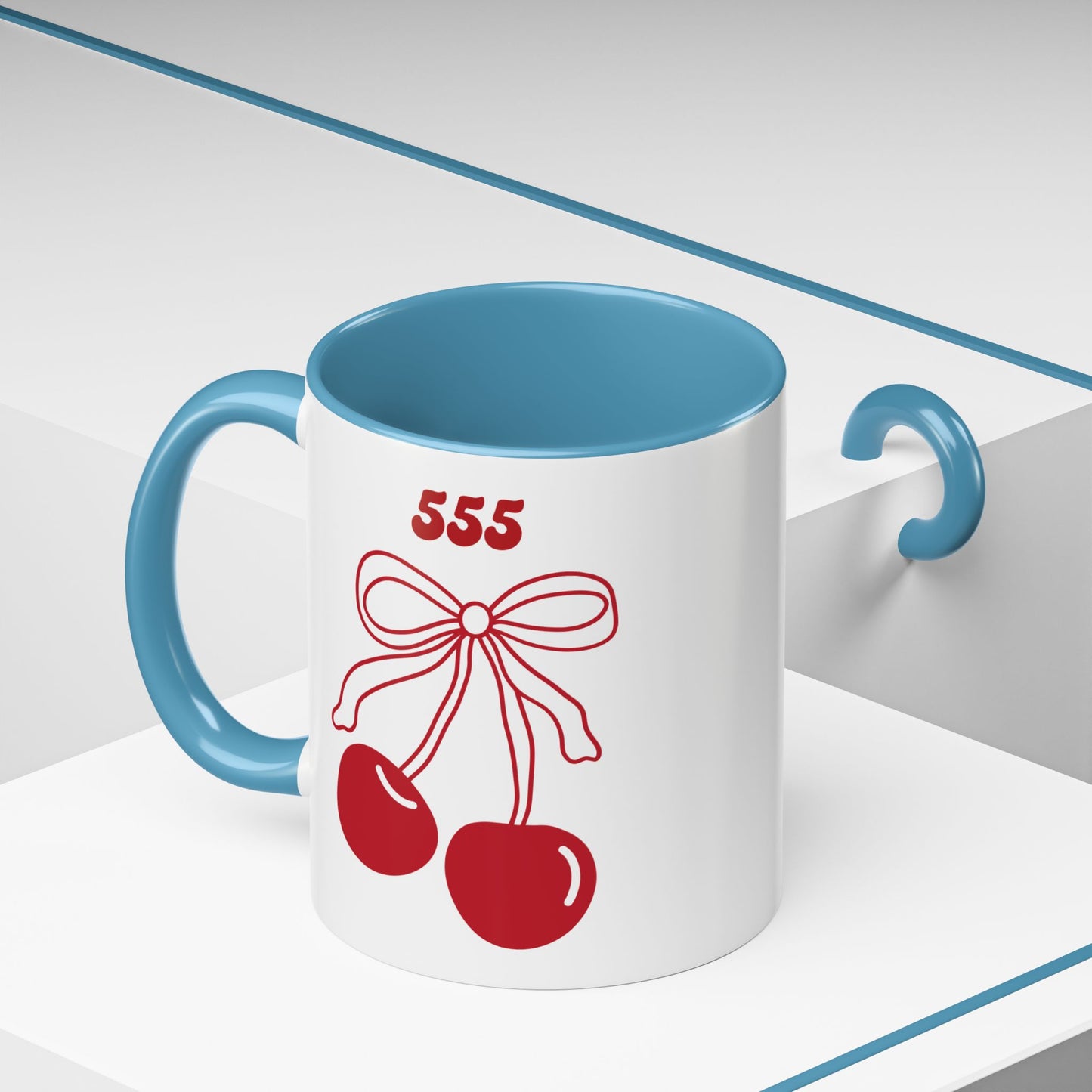 555 Angel Number Cherries Accent Mug – Coquette Bow Kawaii | 11oz 15oz — Pink, Red, Navy, Light Blue, Orange, Purple, Yellow
