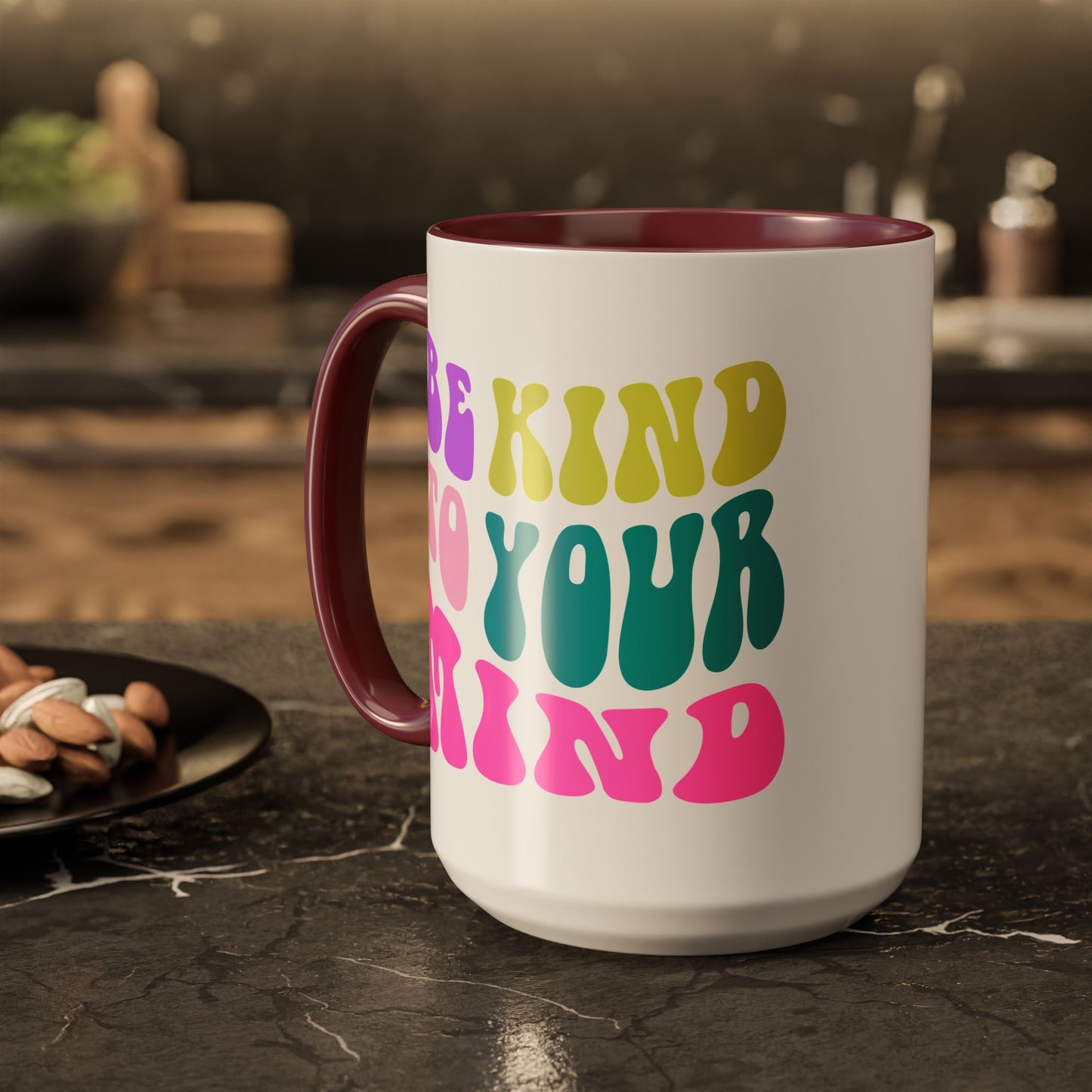 Be Kind To Your Mind Accent Mug – Retro Rainbow Letters | 11oz 15oz Colored Handle