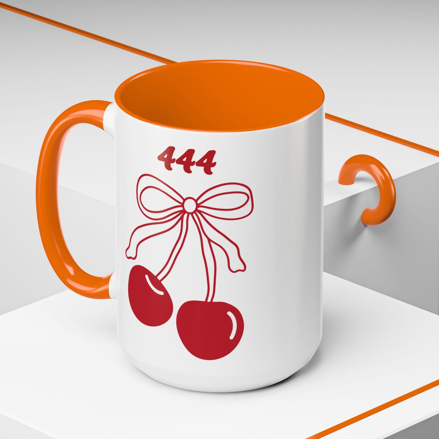 444 Angel Number Cherries Accent Mug – Coquette Bow Kawaii | 11oz 15oz — Navy, Light Blue, Orange, Purple, Yellow