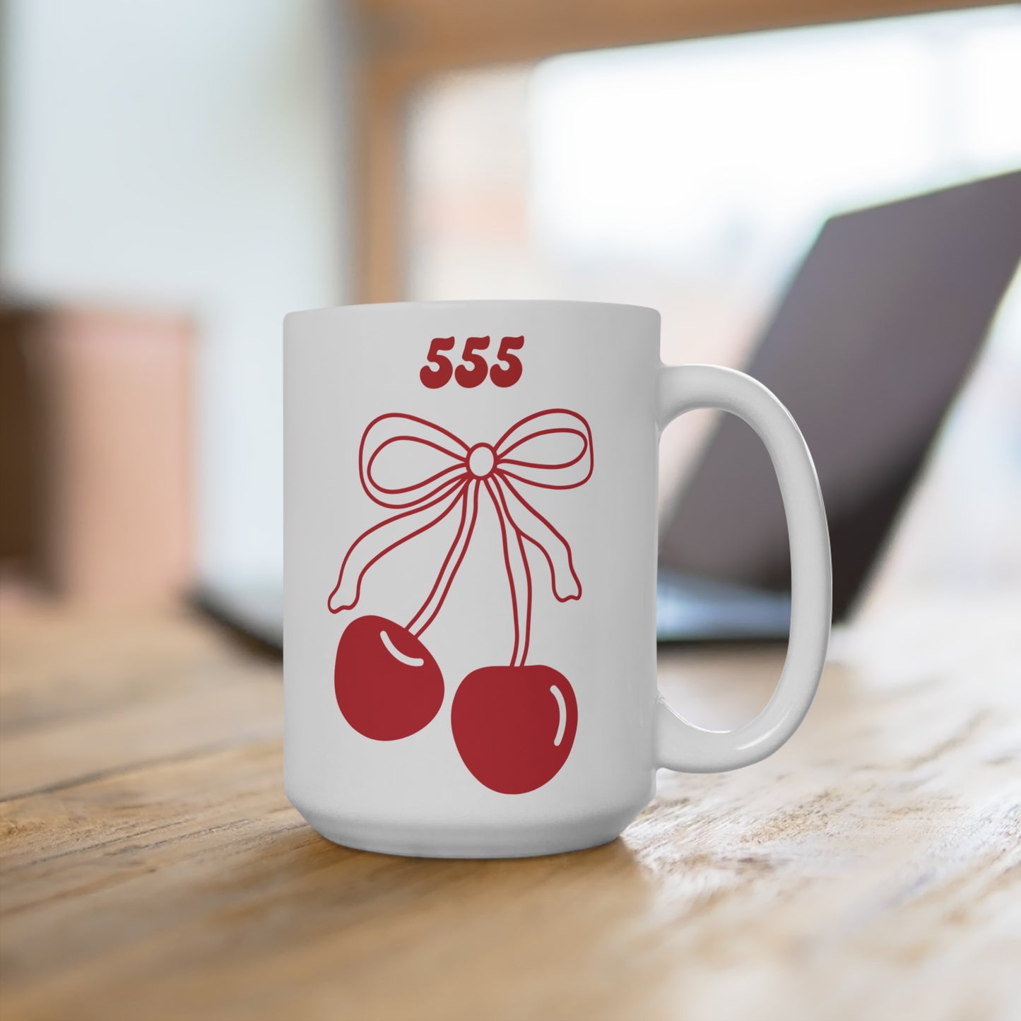 555 Angel Number Cherries Coffee Mug – Coquette Bow Kawaii | 11oz 15oz 20oz White Ceramic