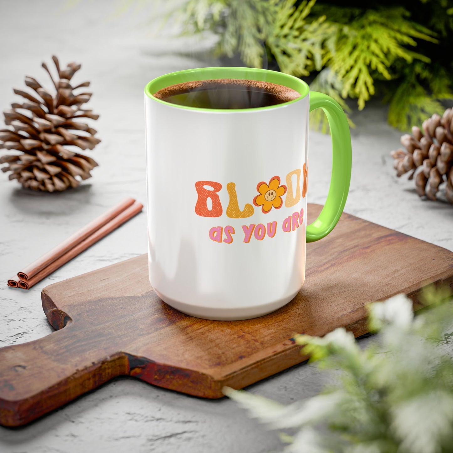 Bloom As You Are Accent Mug – Smiley Flower | 11oz 15oz Colored Handle