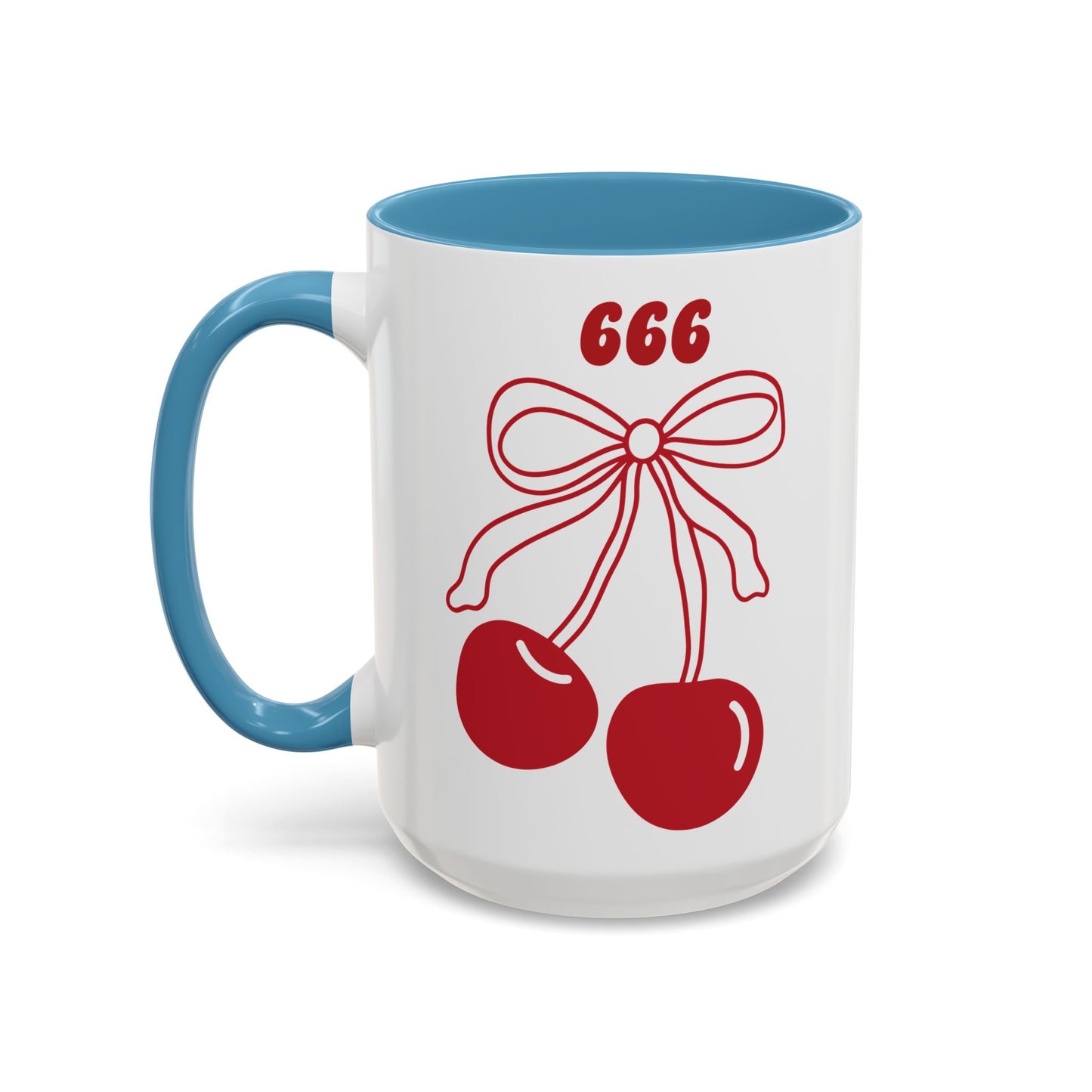 666 Angel Number Cherries Accent Mug – Coquette Bow Kawaii | 11oz 15oz — Pink, Red, Light Blue, Orange, Purple, Yellow