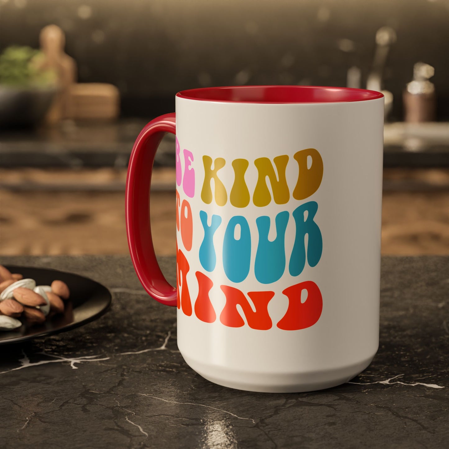 Be Kind To Your Mind Accent Mug – Retro Rainbow Letters | 11oz 15oz Multiple colors