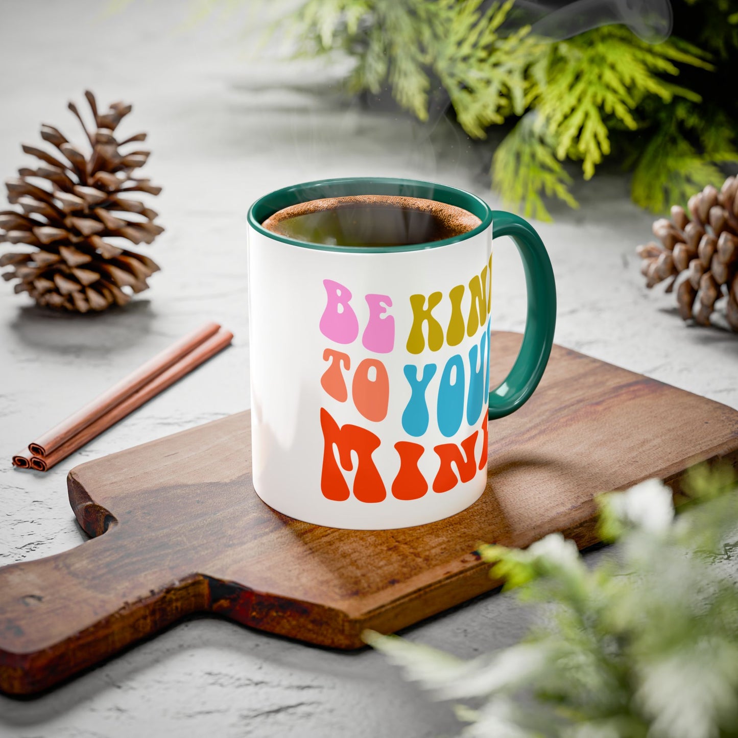 Be Kind To Your Mind Accent Mug – Retro Rainbow Letters | 11oz 15oz Multiple colors