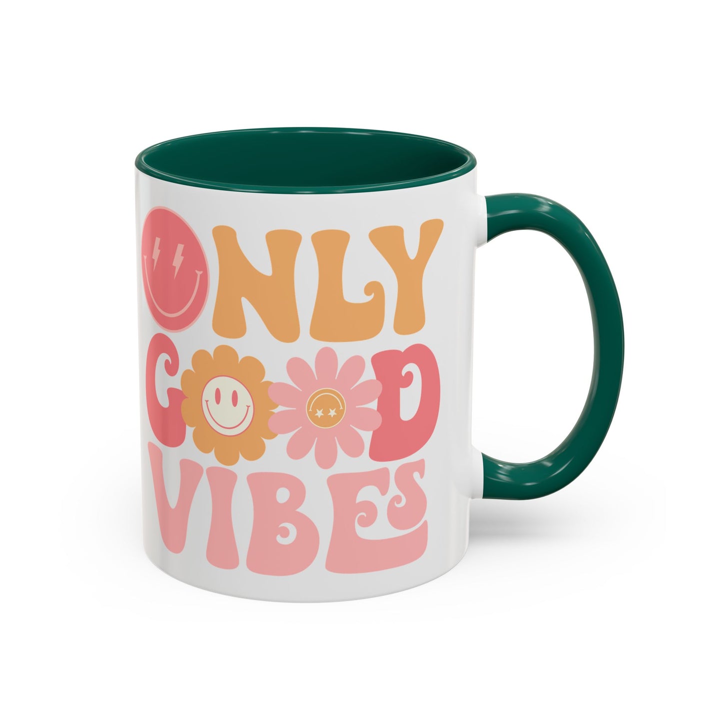 Only Good Vibes Accent Mug – Retro Bubble Letters & Flowers | 11oz 15oz Colored Handle