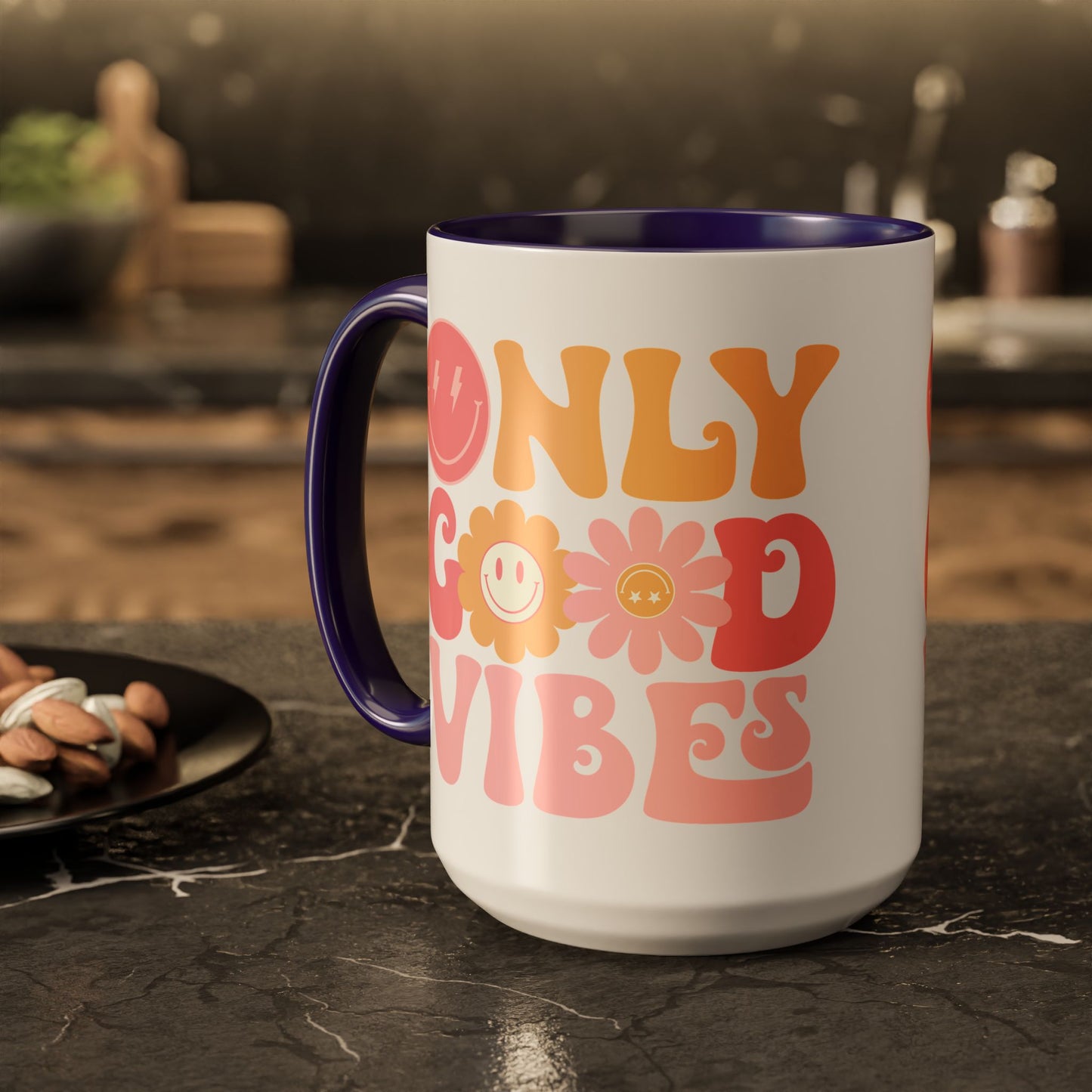 Only Good Vibes Accent Mug – Retro Bubble Letters & Flowers | 11oz 15oz Colored Handle