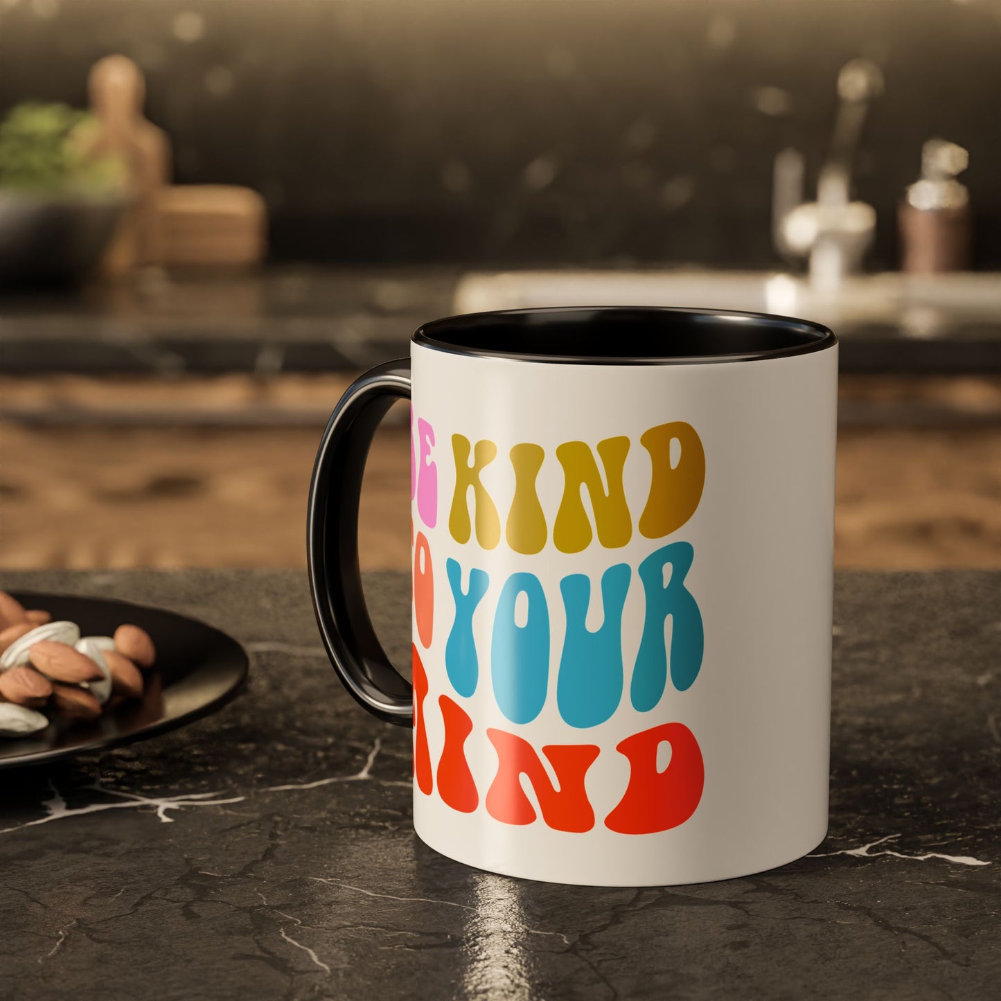 Be Kind To Your Mind Accent Mug – Retro Rainbow Letters | 11oz 15oz Multiple colors