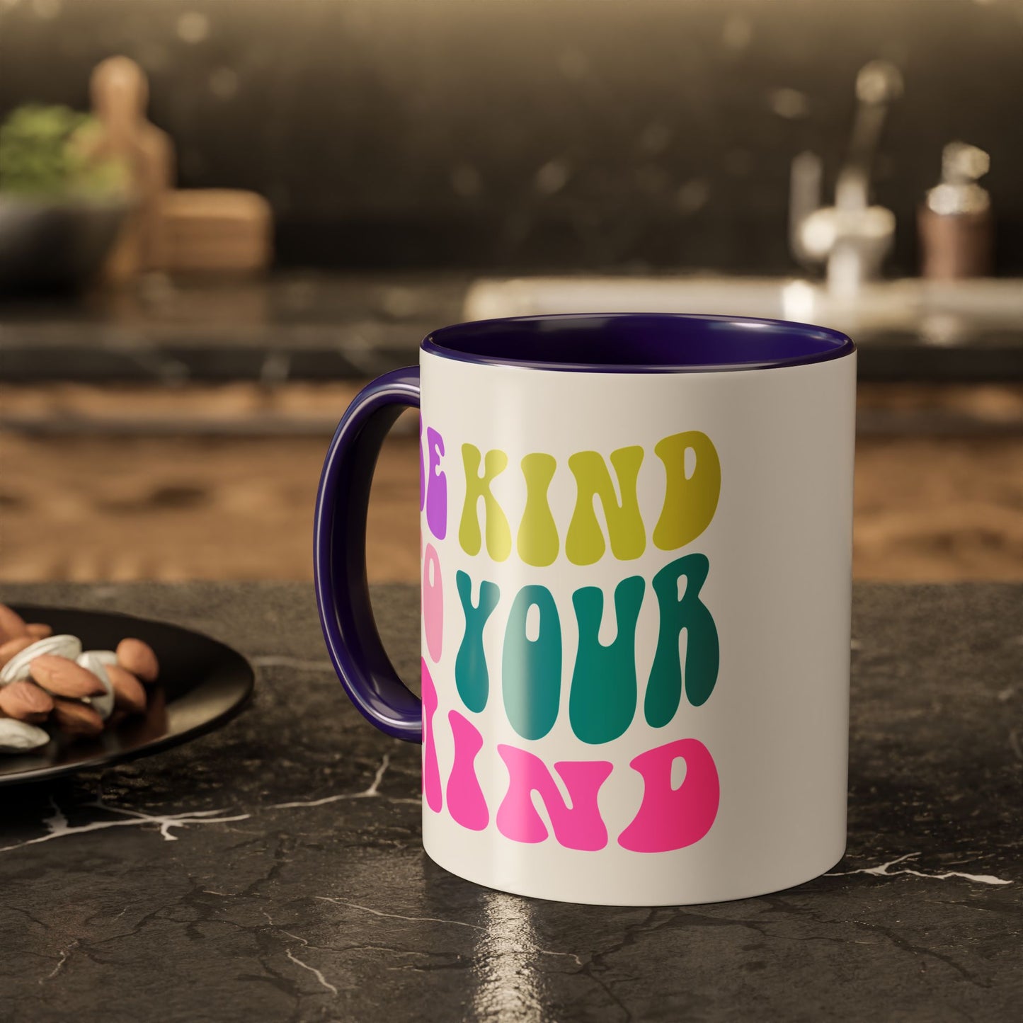 Be Kind To Your Mind Accent Mug – Retro Rainbow Letters | 11oz 15oz Colored Handle
