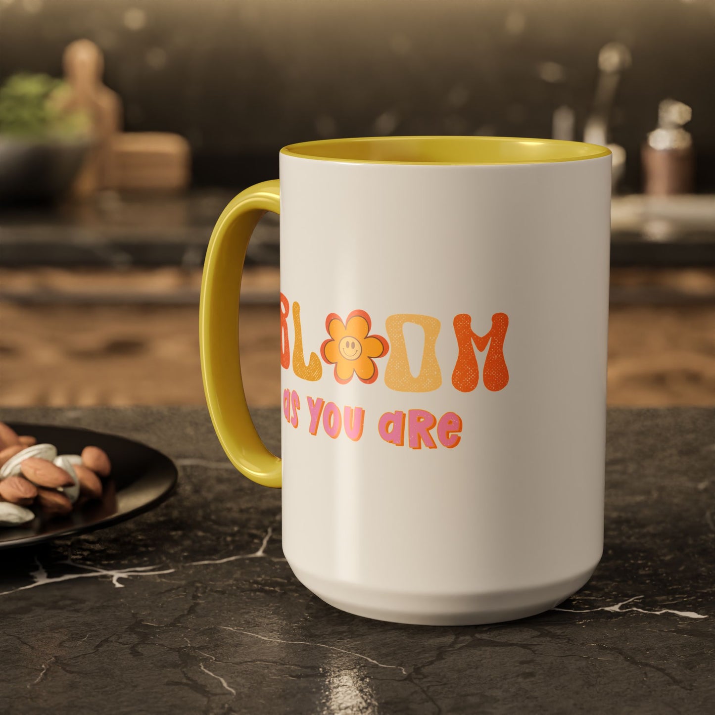 Bloom As You Are Accent Mug – Smiley Flower | 11oz 15oz Colored Handle