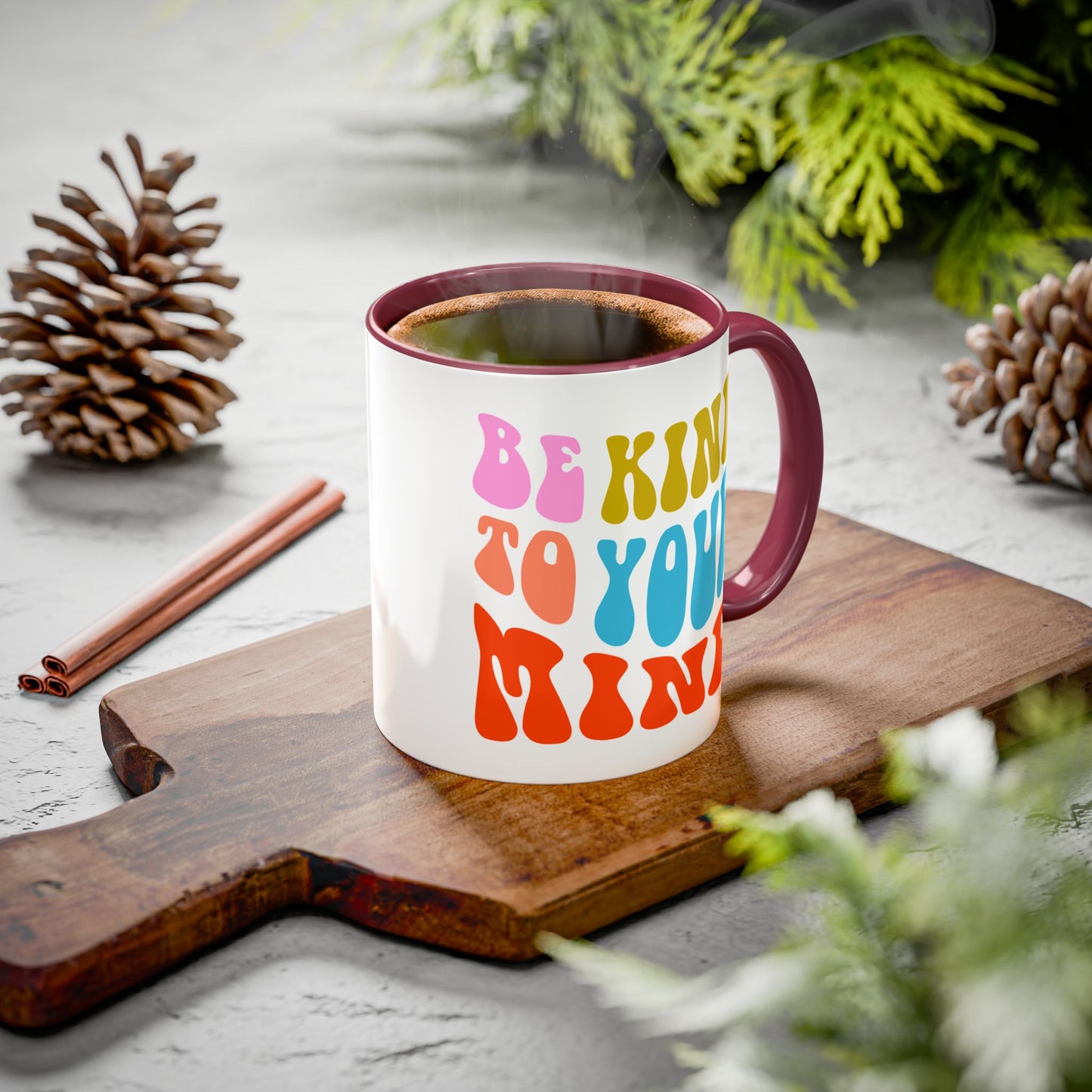 Be Kind To Your Mind Accent Mug – Retro Rainbow Letters | 11oz 15oz Multiple colors