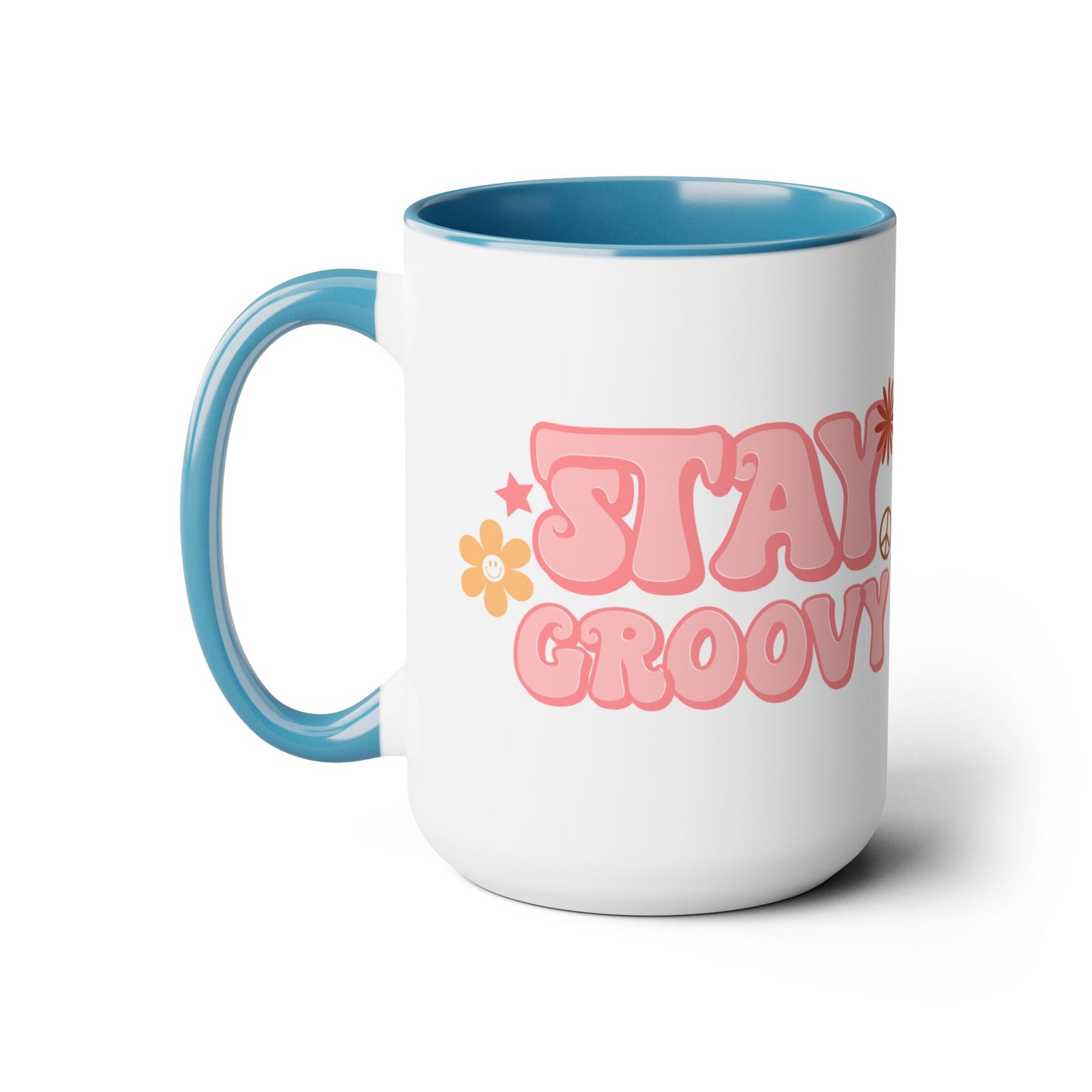 Stay Groovy Coffee Mug 15oz - 70s Inspired, Pastel Pink, Swirly Font - Boost Your Mood with this Free-Spirit, Funkadelic Beverage