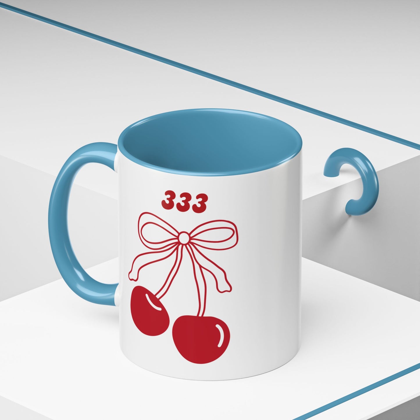 333 Angel Number Cherries Accent Mug – Coquette Bow | Kawaii Coffee Mug | 11oz 15oz — Black, Red, Navy, Pink, Light Blue