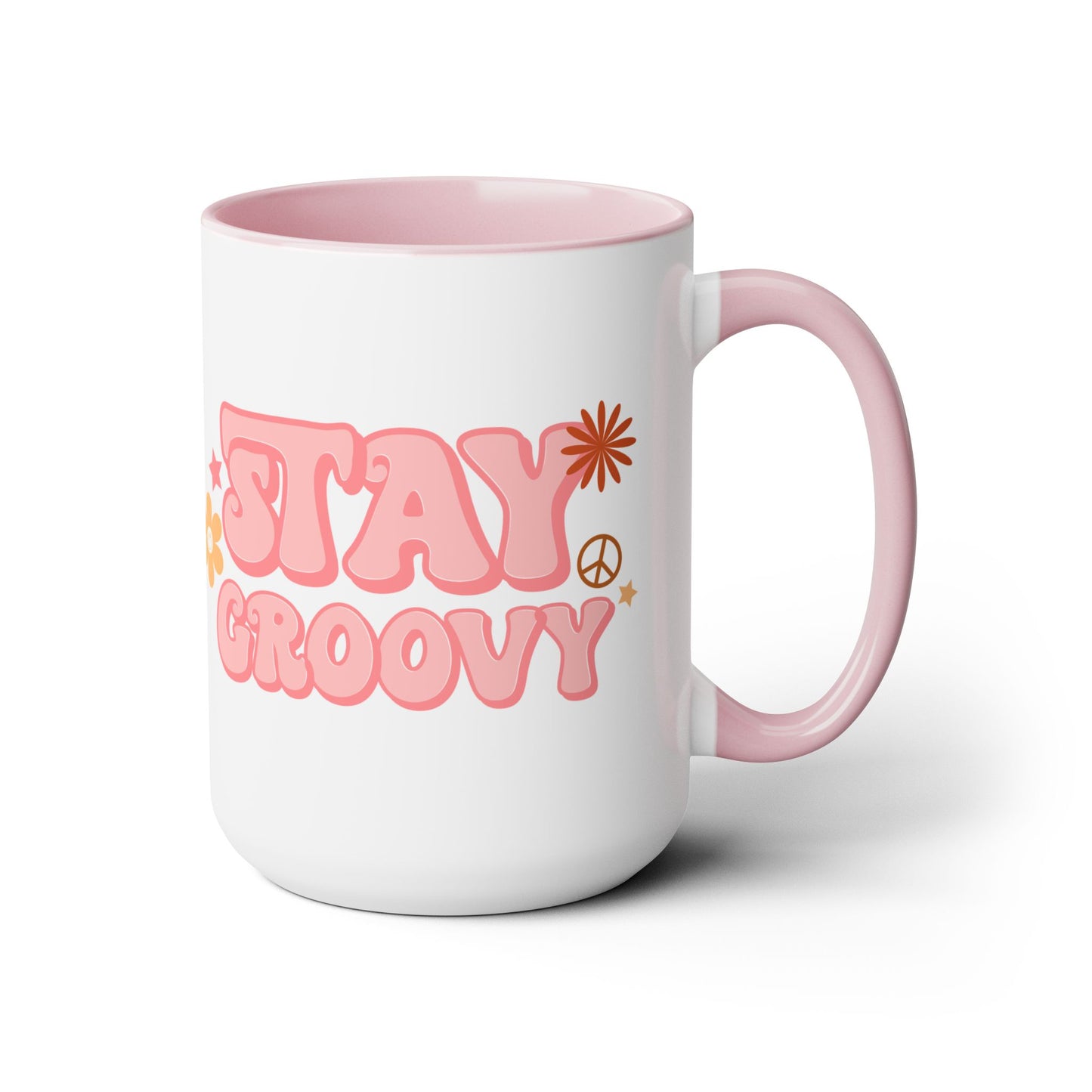 Stay Groovy Coffee Mug 15oz - 70s Inspired, Pastel Pink, Swirly Font - Boost Your Mood with this Free-Spirit, Funkadelic Beverage