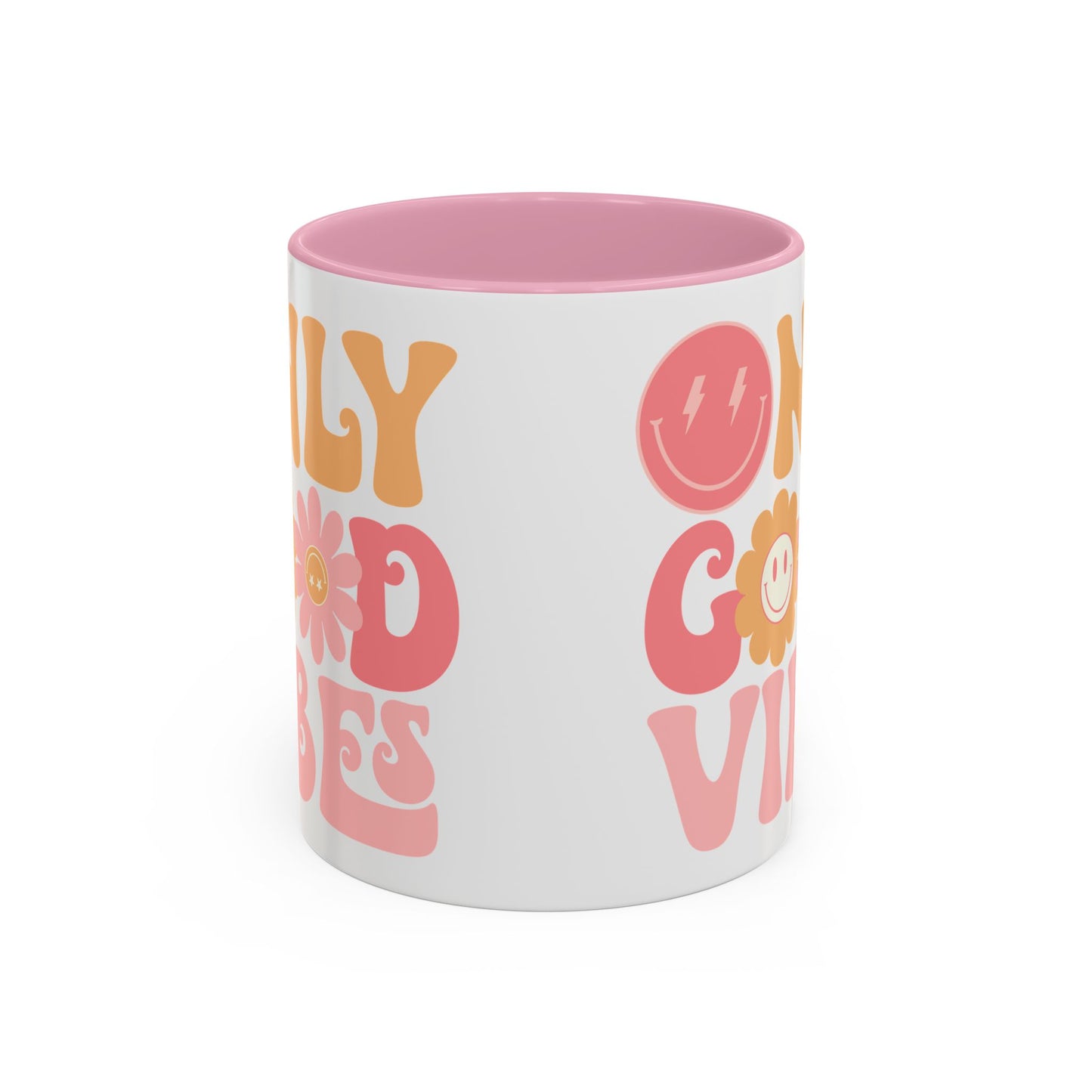 Only Good Vibes Accent Mug – Retro Bubble Letters & Flowers | 11oz 15oz Colored Handle