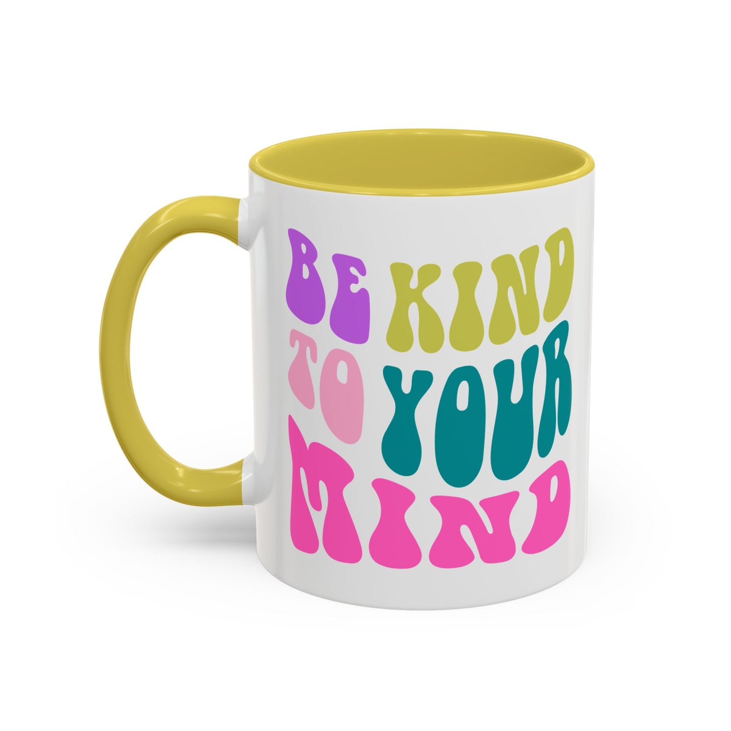 Be Kind To Your Mind Accent Mug – Retro Rainbow Letters | 11oz 15oz Colored Handle