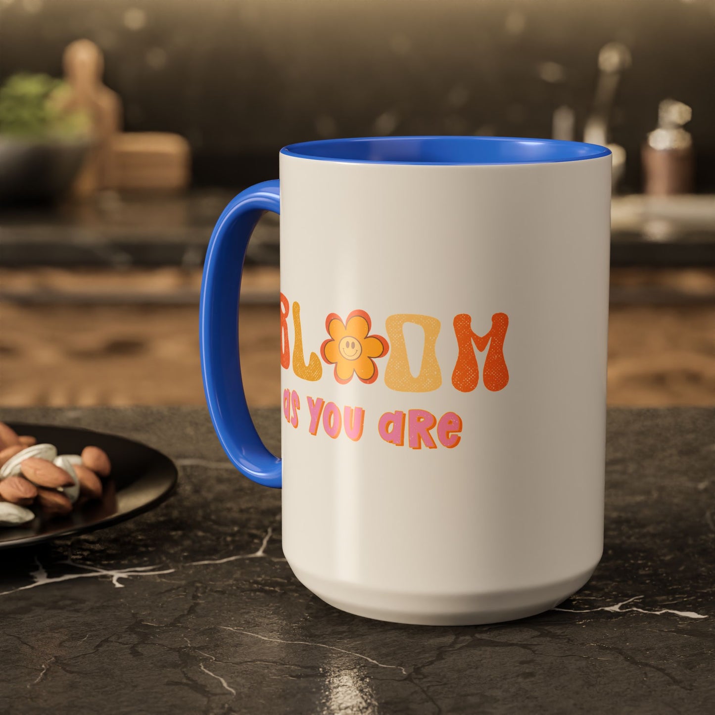 Bloom As You Are Accent Mug – Smiley Flower | 11oz 15oz Colored Handle