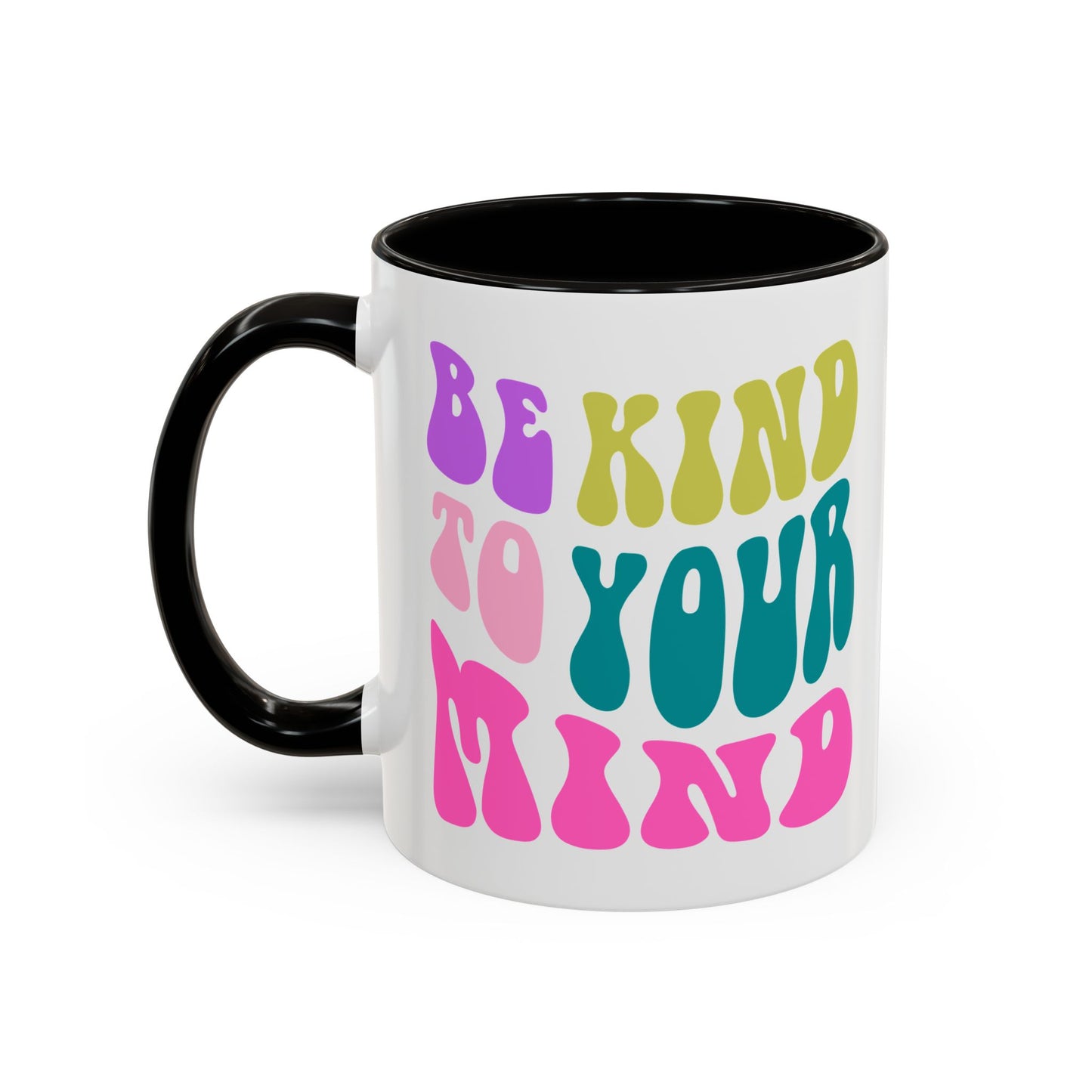 Be Kind To Your Mind Accent Mug – Retro Rainbow Letters | 11oz 15oz Colored Handle
