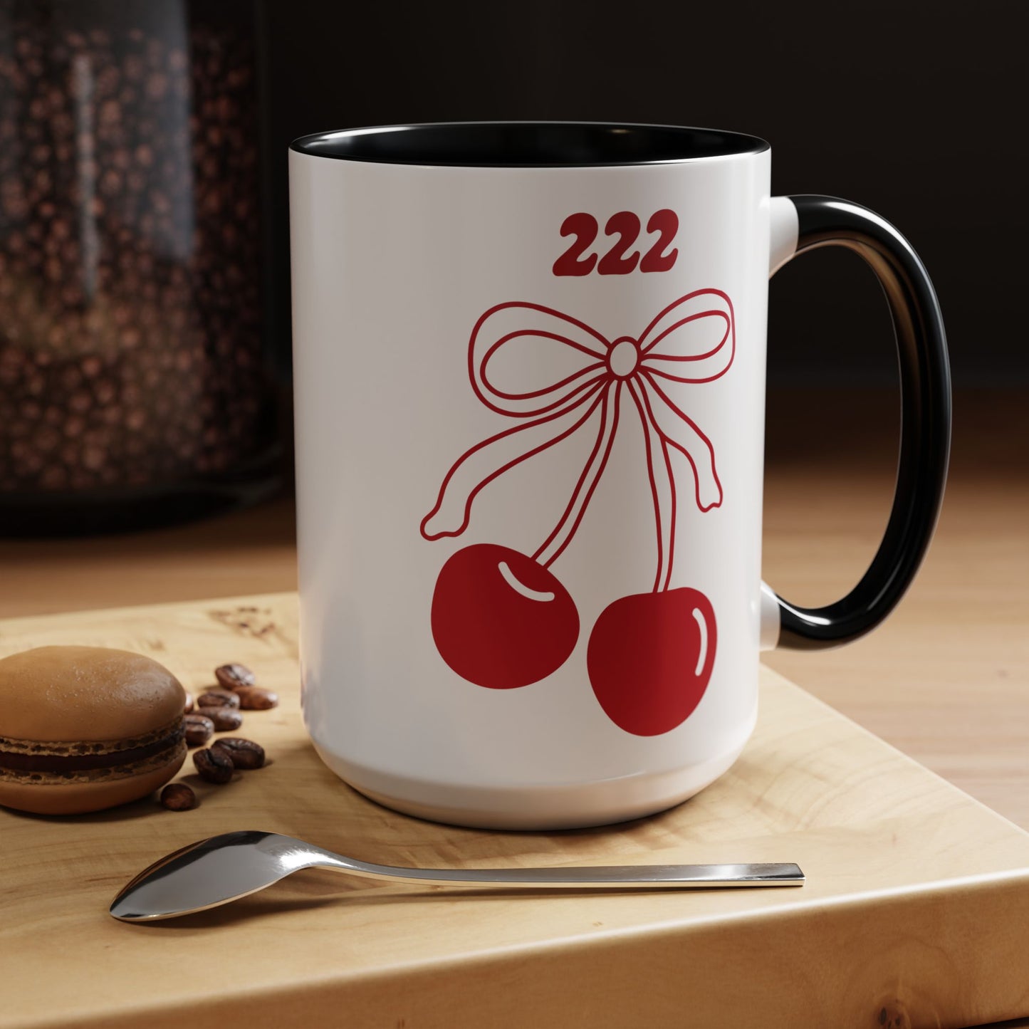 222 Angel Number Cherries Accent Mug – Coquette Bow Kawaii Coffee Mug | 11oz 15oz — Black, Navy, Pink, Red, Light Blue
