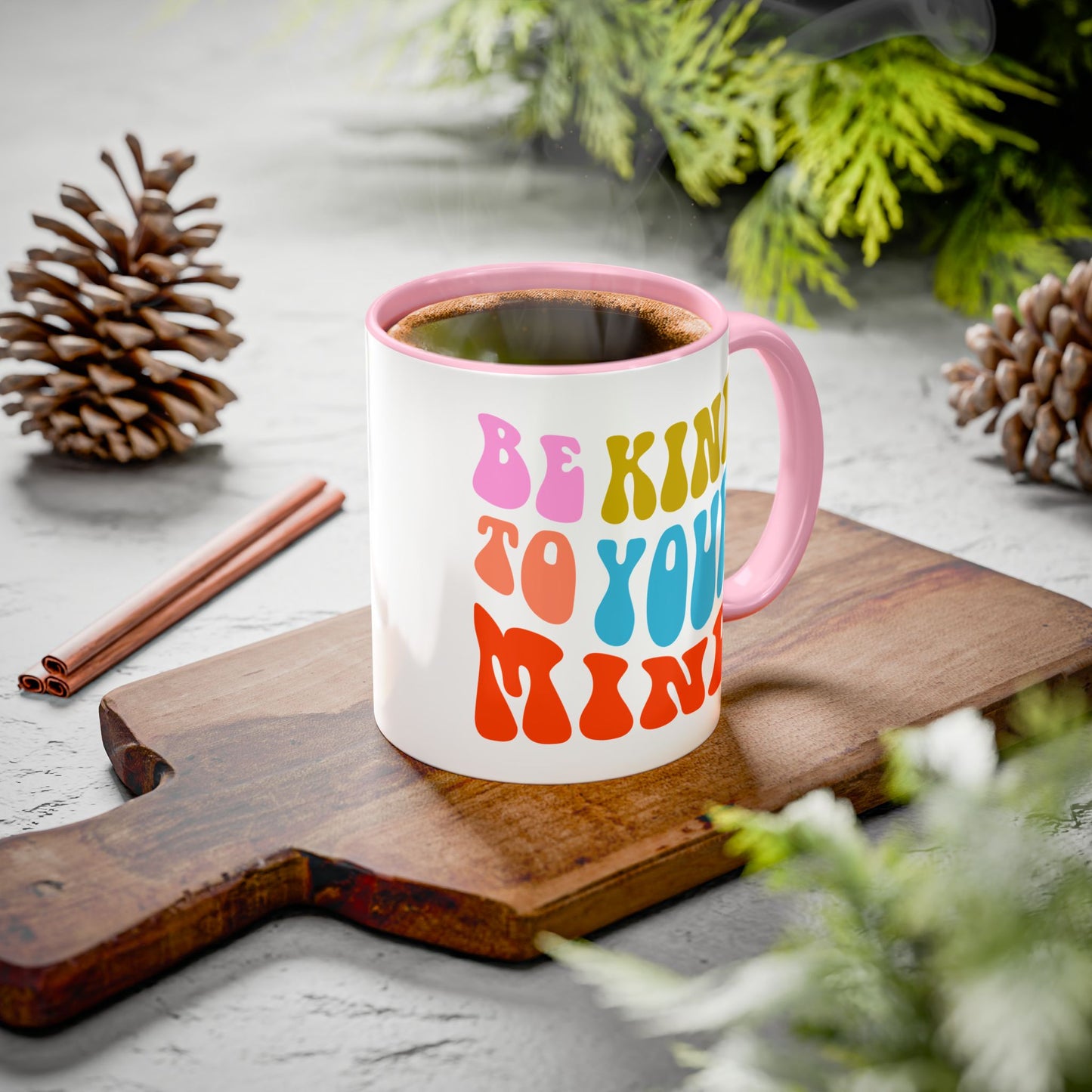 Be Kind To Your Mind Accent Mug – Retro Rainbow Letters | 11oz 15oz Multiple colors