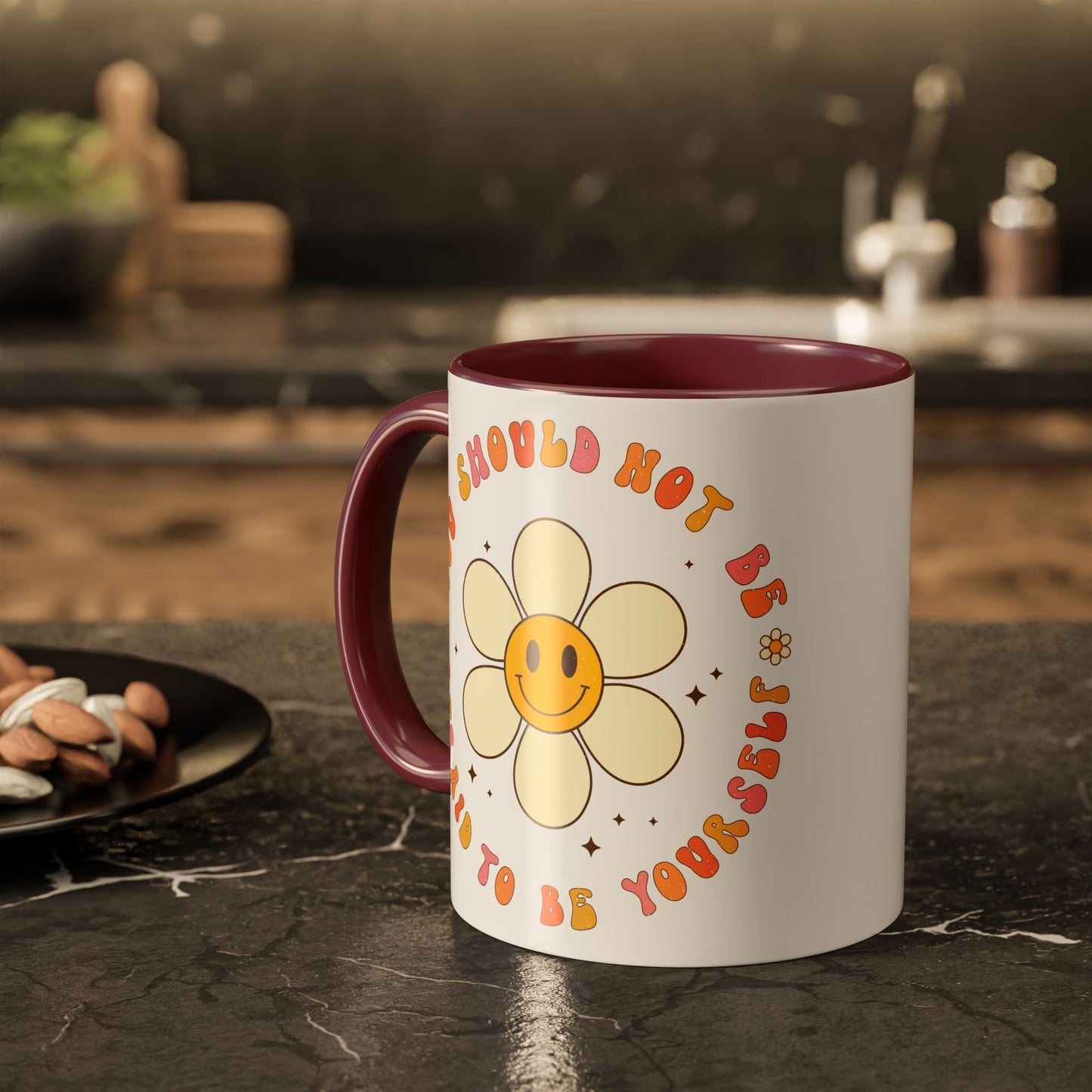 Don’t Be Afraid To Be Yourself Accent Mug – Smiley Flower | 11oz 15oz Colored Handle