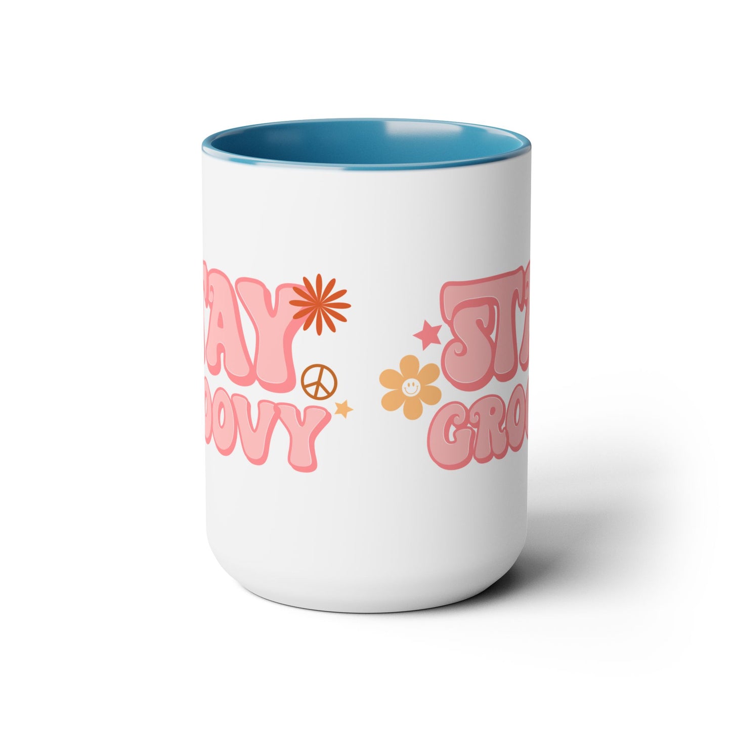 Stay Groovy Coffee Mug 15oz - 70s Inspired, Pastel Pink, Swirly Font - Boost Your Mood with this Free-Spirit, Funkadelic Beverage