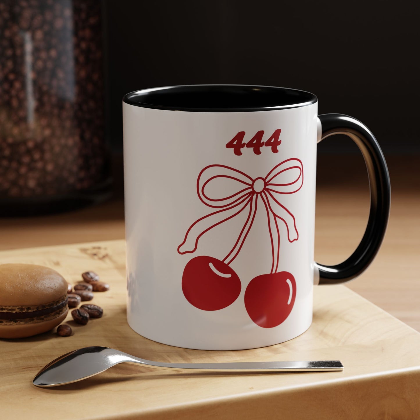 444 Angel Number Cherries Accent Mug – Coquette Bow Kawaii | 11oz 15oz — Navy, Light Blue, Orange, Purple, Yellow