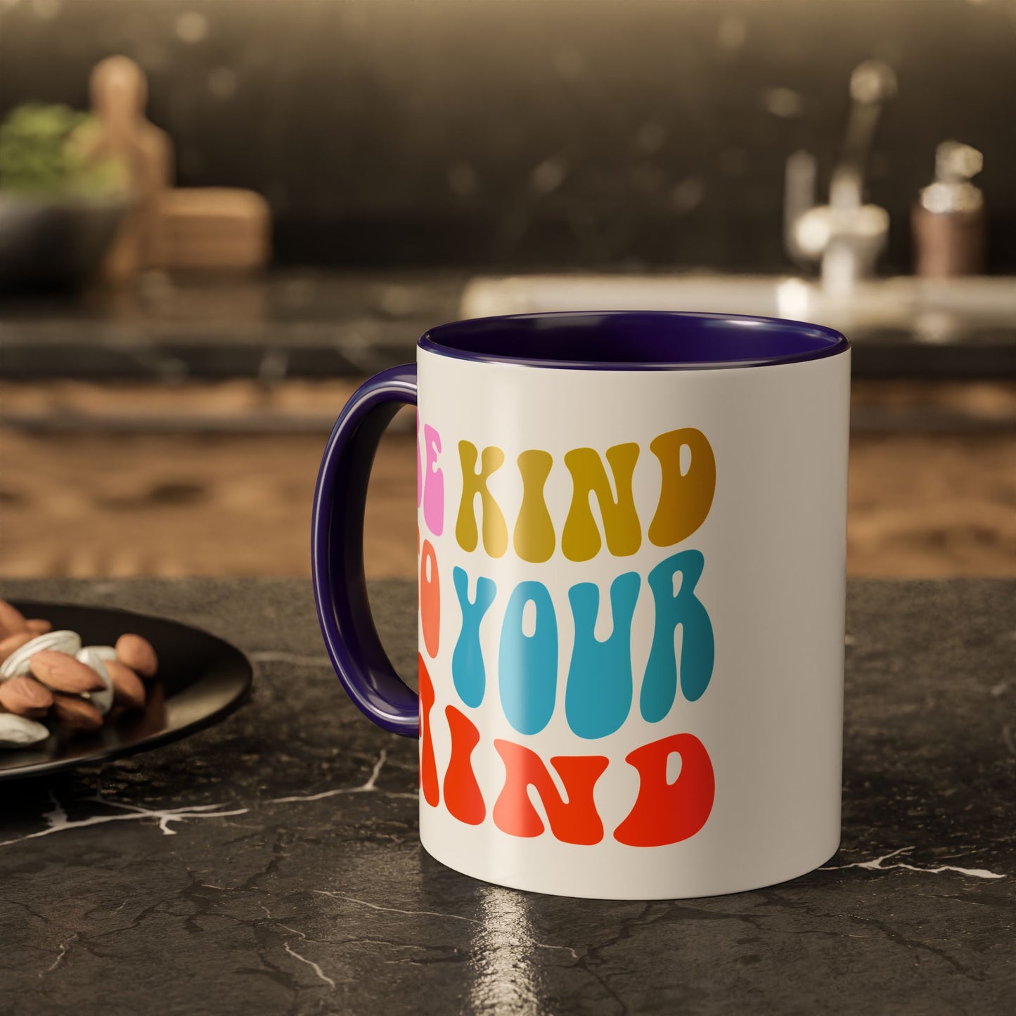 Be Kind To Your Mind Accent Mug – Retro Rainbow Letters | 11oz 15oz Multiple colors