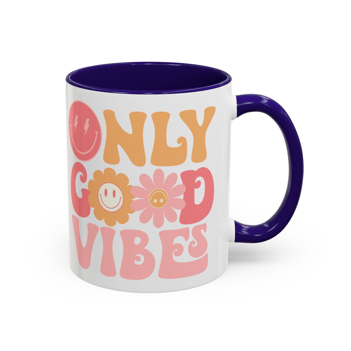Only Good Vibes Accent Mug – Retro Bubble Letters & Flowers | 11oz 15oz Colored Handle