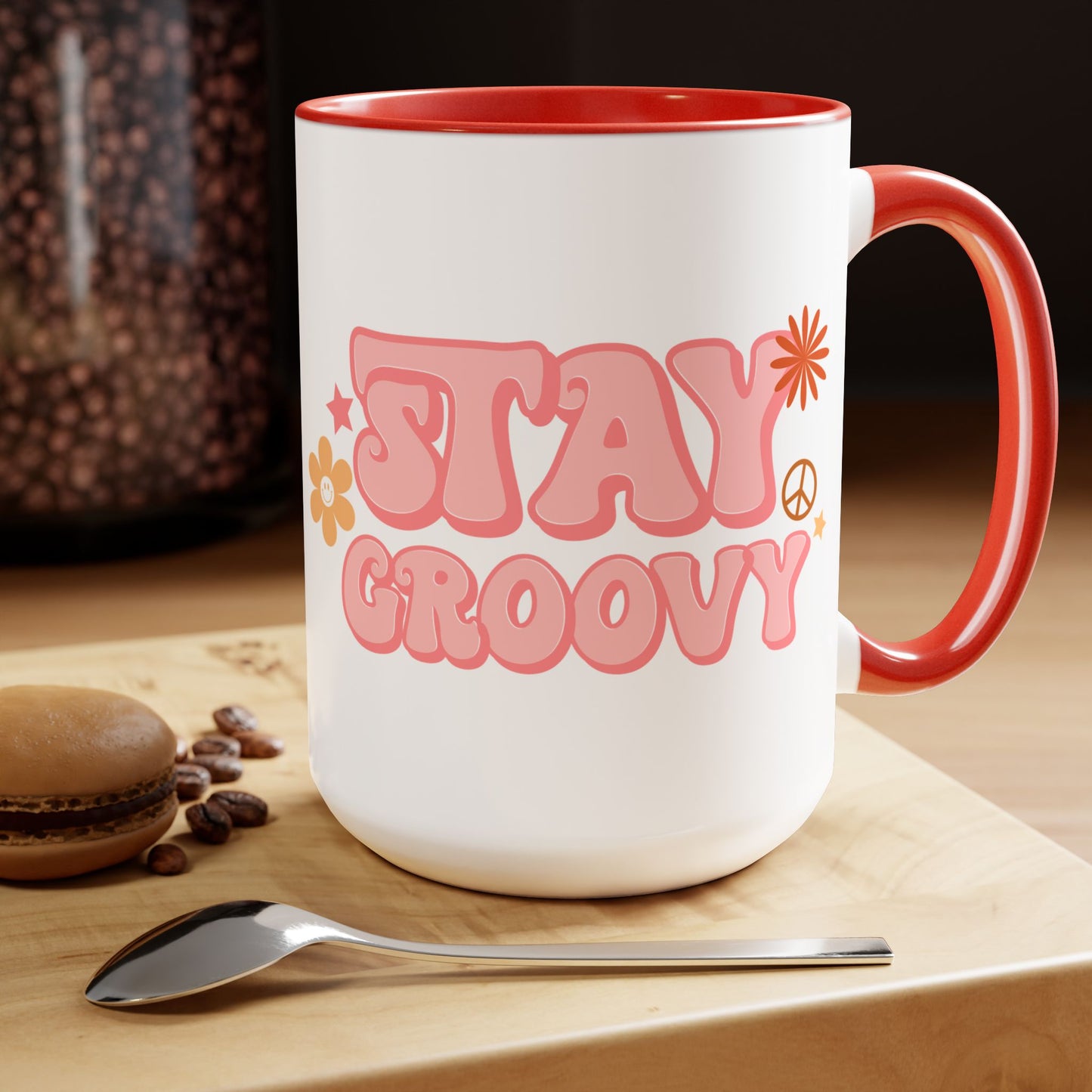 Stay Groovy Coffee Mug 15oz - 70s Inspired, Pastel Pink, Swirly Font - Boost Your Mood with this Free-Spirit, Funkadelic Beverage