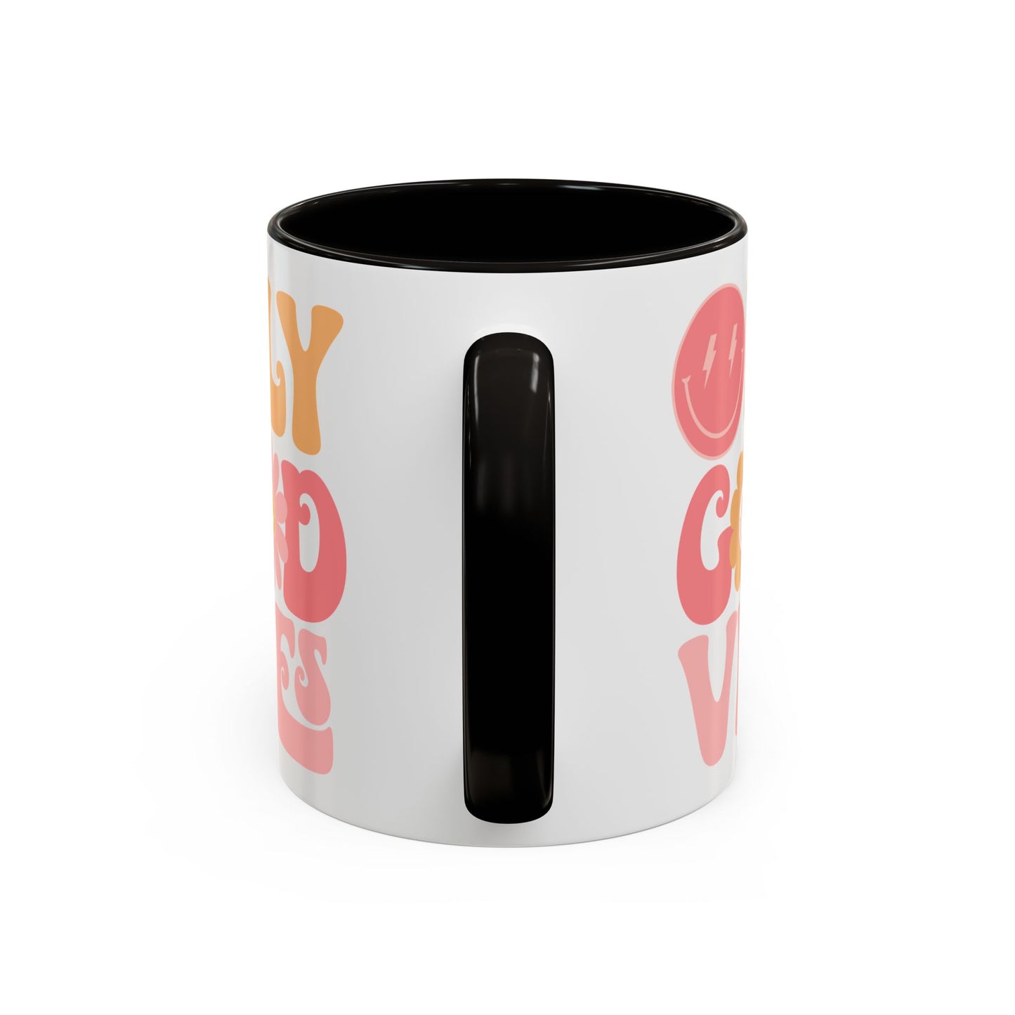 Only Good Vibes Accent Mug – Retro Bubble Letters & Flowers | 11oz 15oz Colored Handle