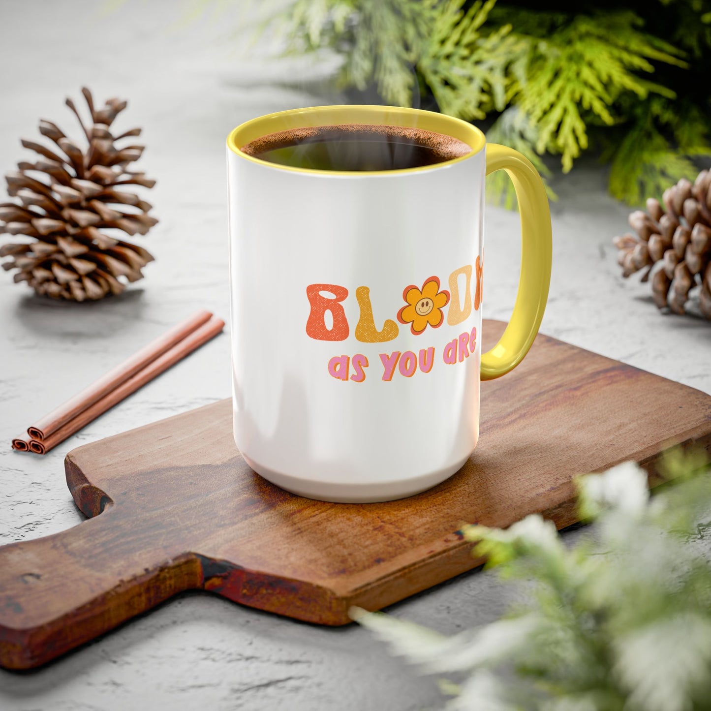 Bloom As You Are Accent Mug – Smiley Flower | 11oz 15oz Colored Handle